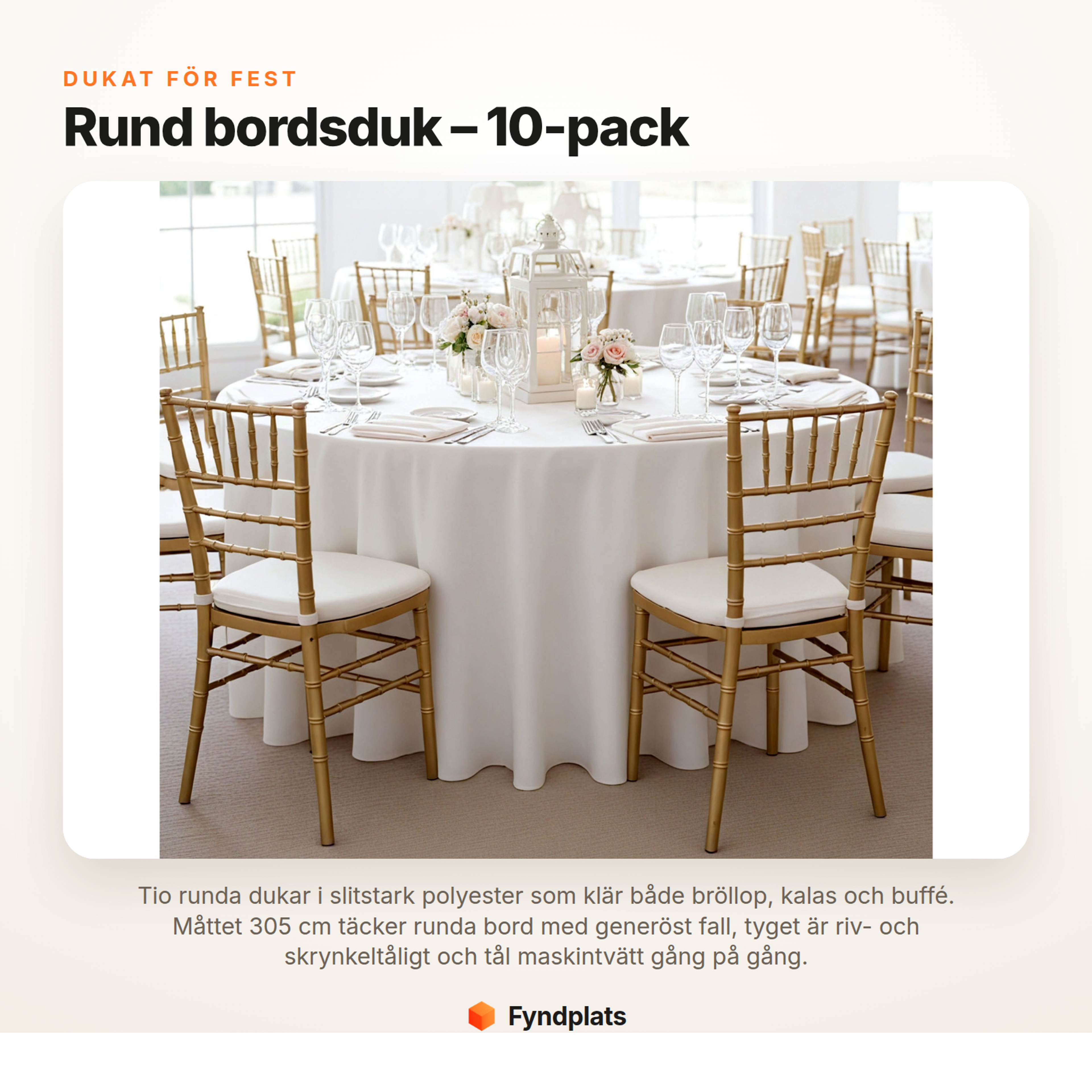 Fyndplats – rund bordsduk i vit polyester, 10-pack, ø305 cm för fest och bröllop