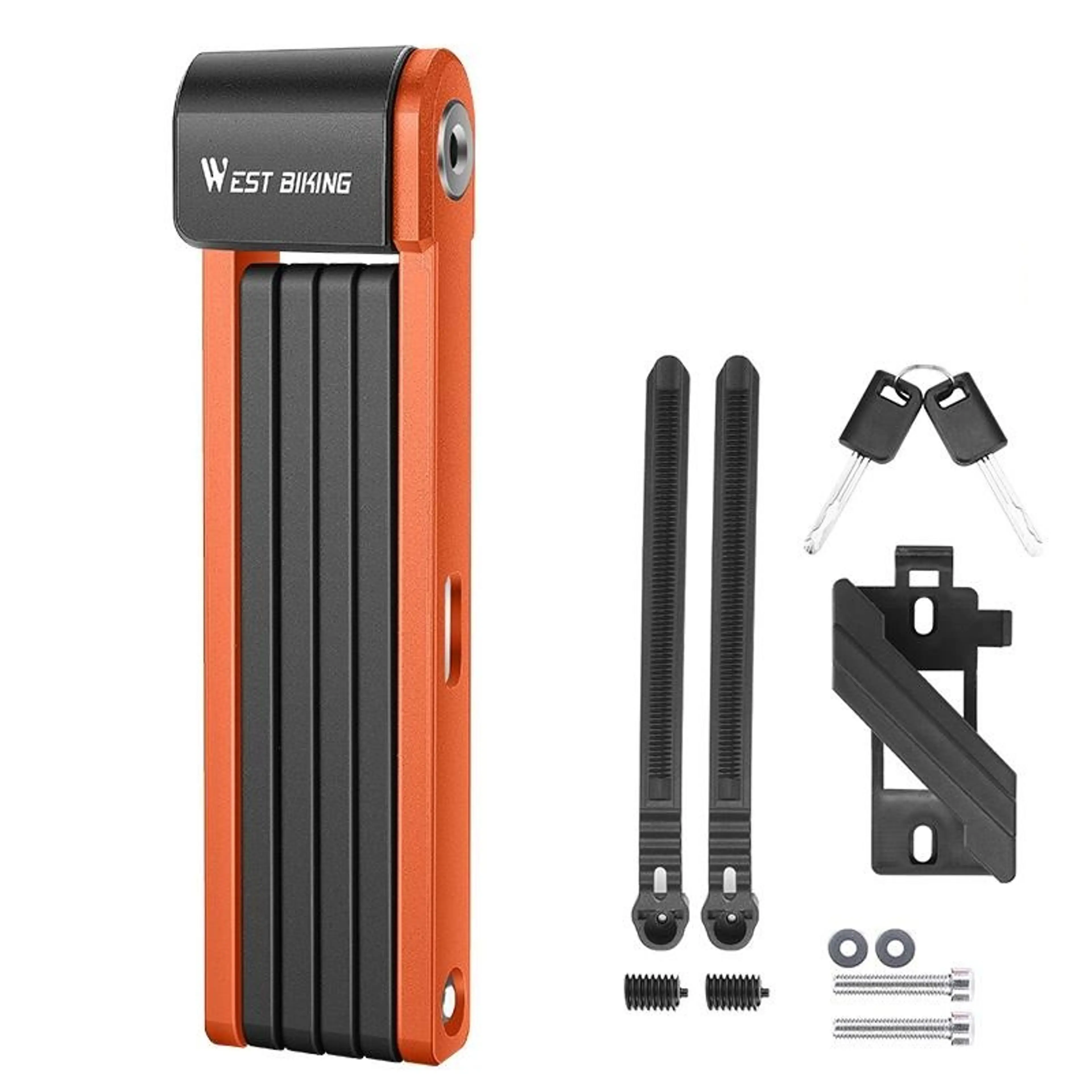 Orange vikbart cykellås med fäste, band och 2 nycklar (80 cm)