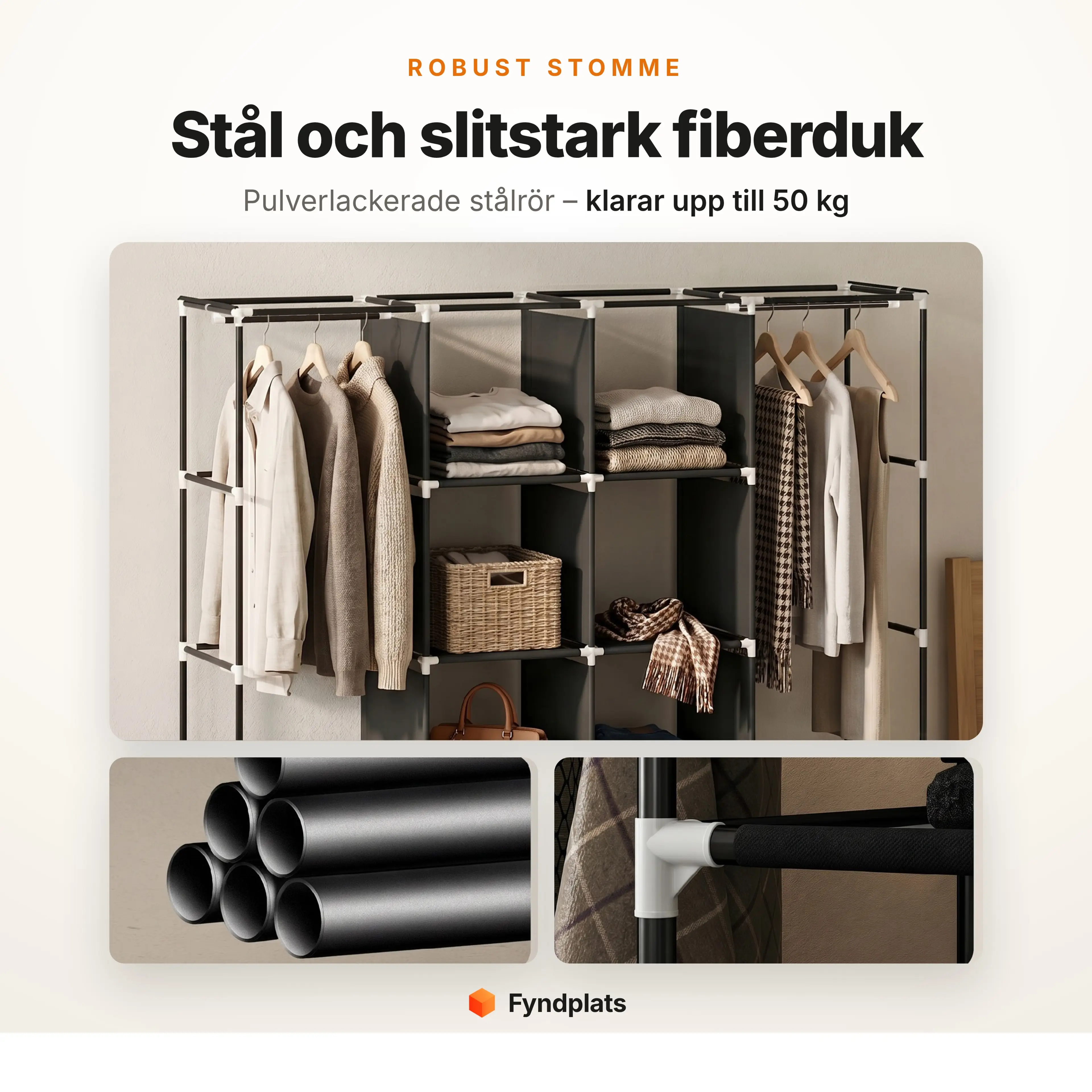 Robust stomme av pulverlackerade stålrör – svart tyggarderob som klarar upp till 50 kg