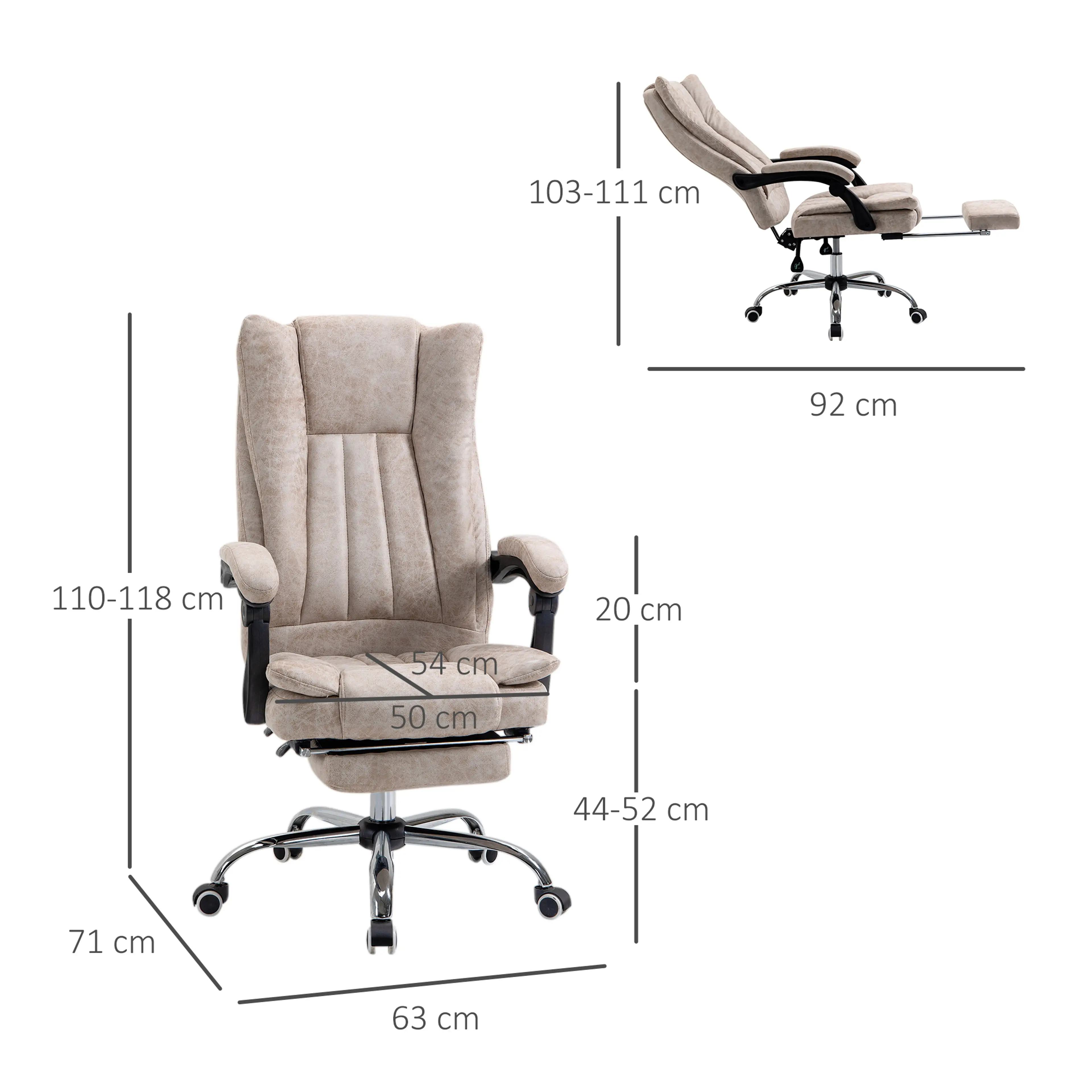 Måttritning med bredd 63 cm, djup 71 cm, höjd 110–118 cm och sitthöjd 44–52 cm
