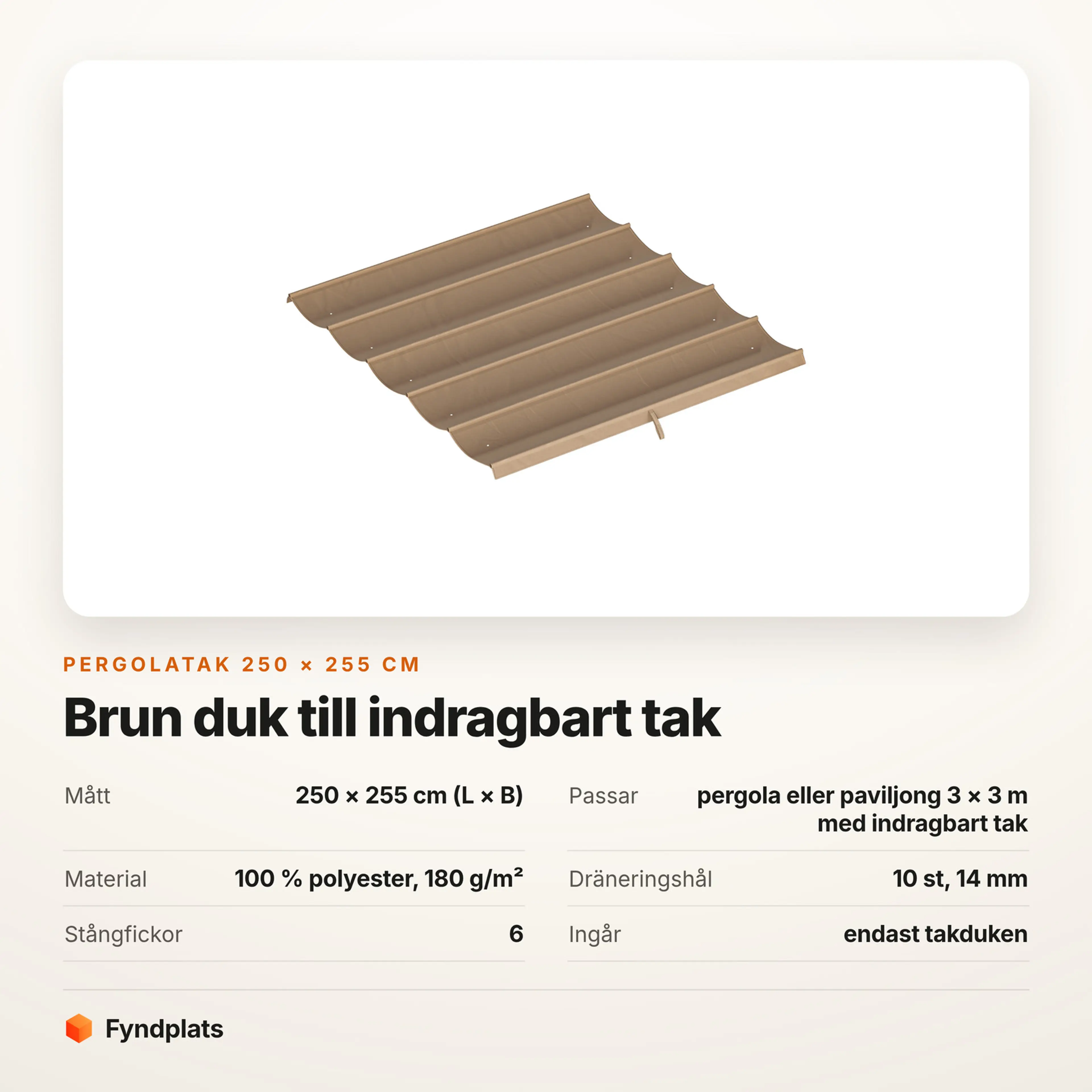 Faktakort för pergolataket i brun med mått, material, dräneringshål och vad som ingår