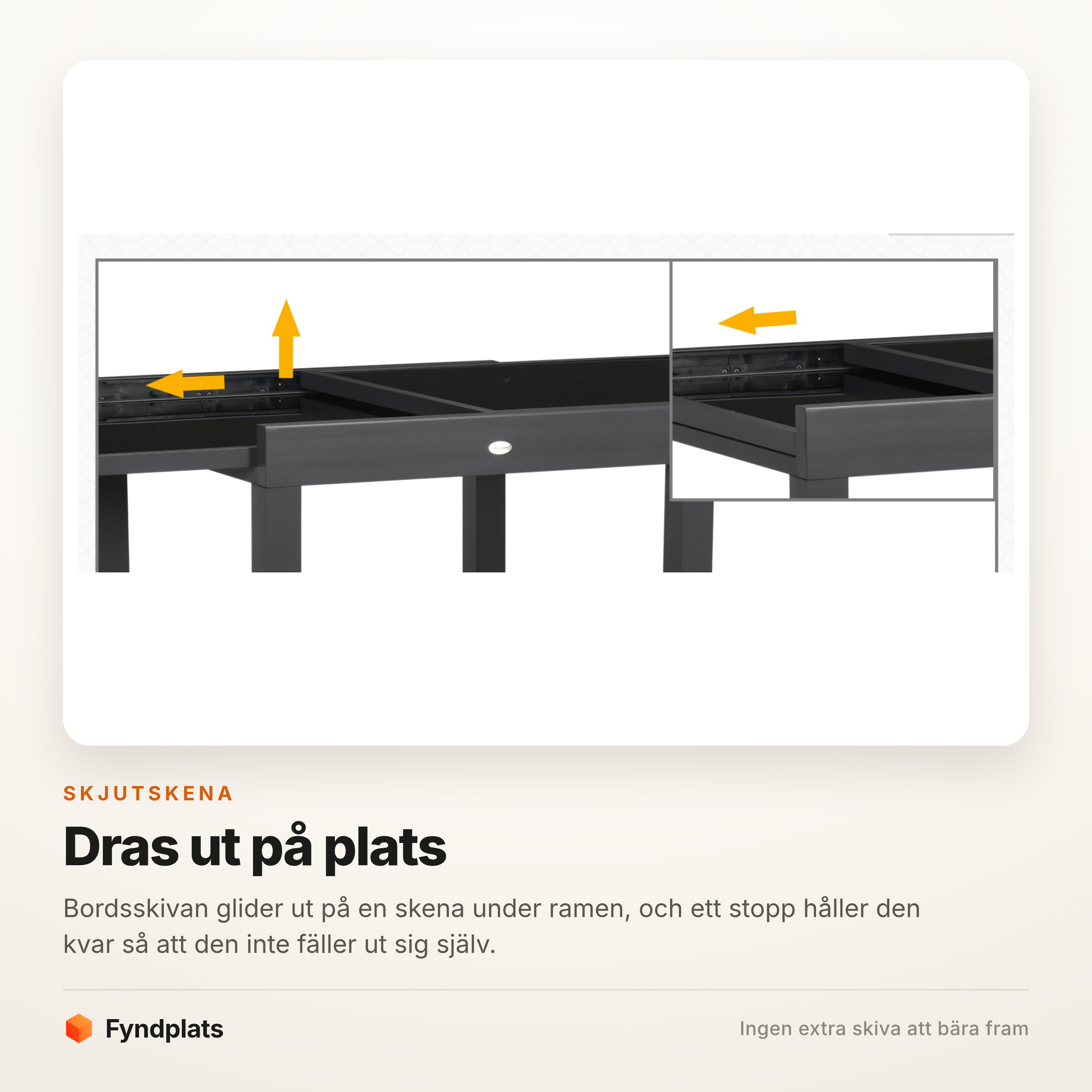 Fyndplats-kort som visar skjutskenan under ramen som bordsskivan glider ut på