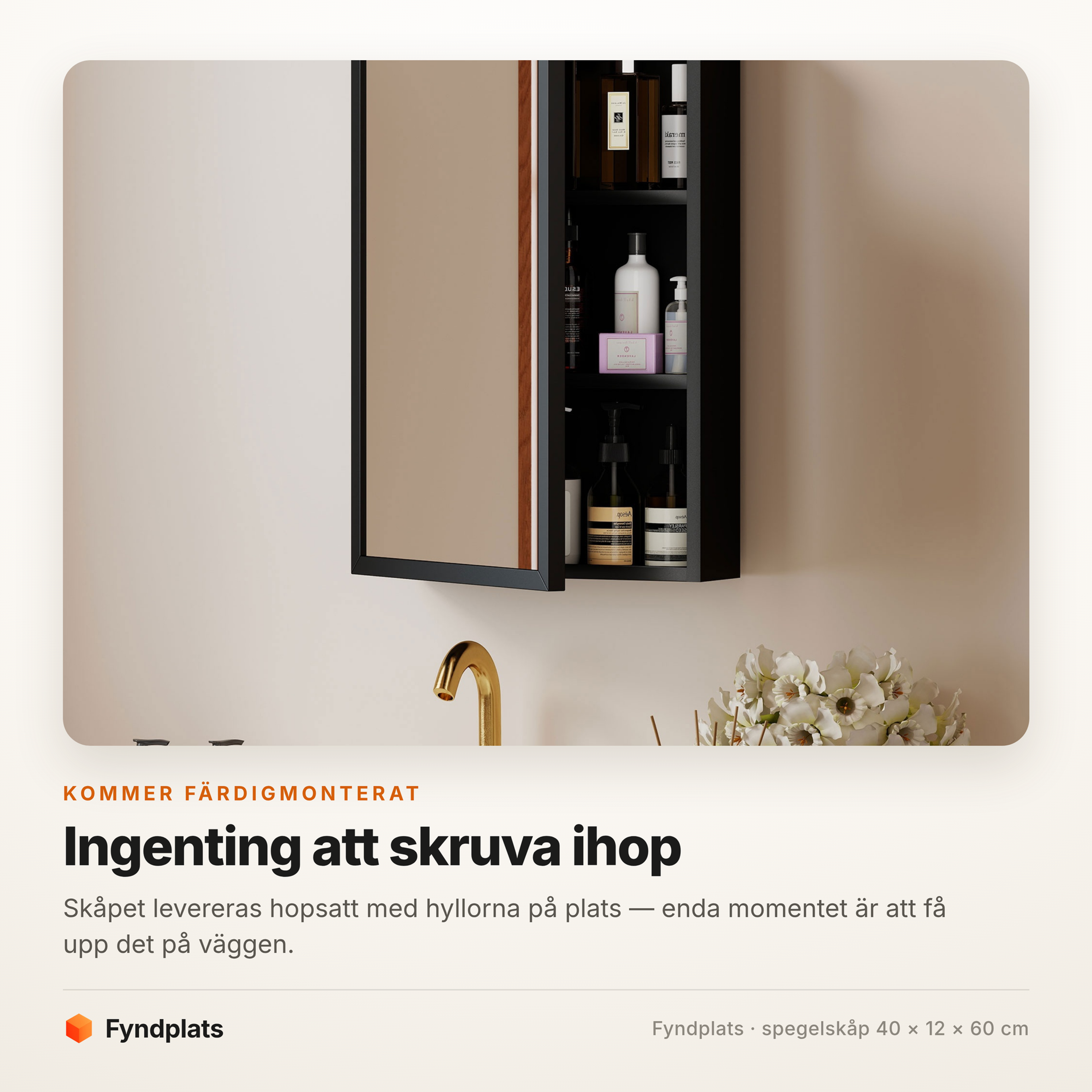 Spegelskåp 40 × 60 cm med ram – svart, färdigmonterat – bild 2