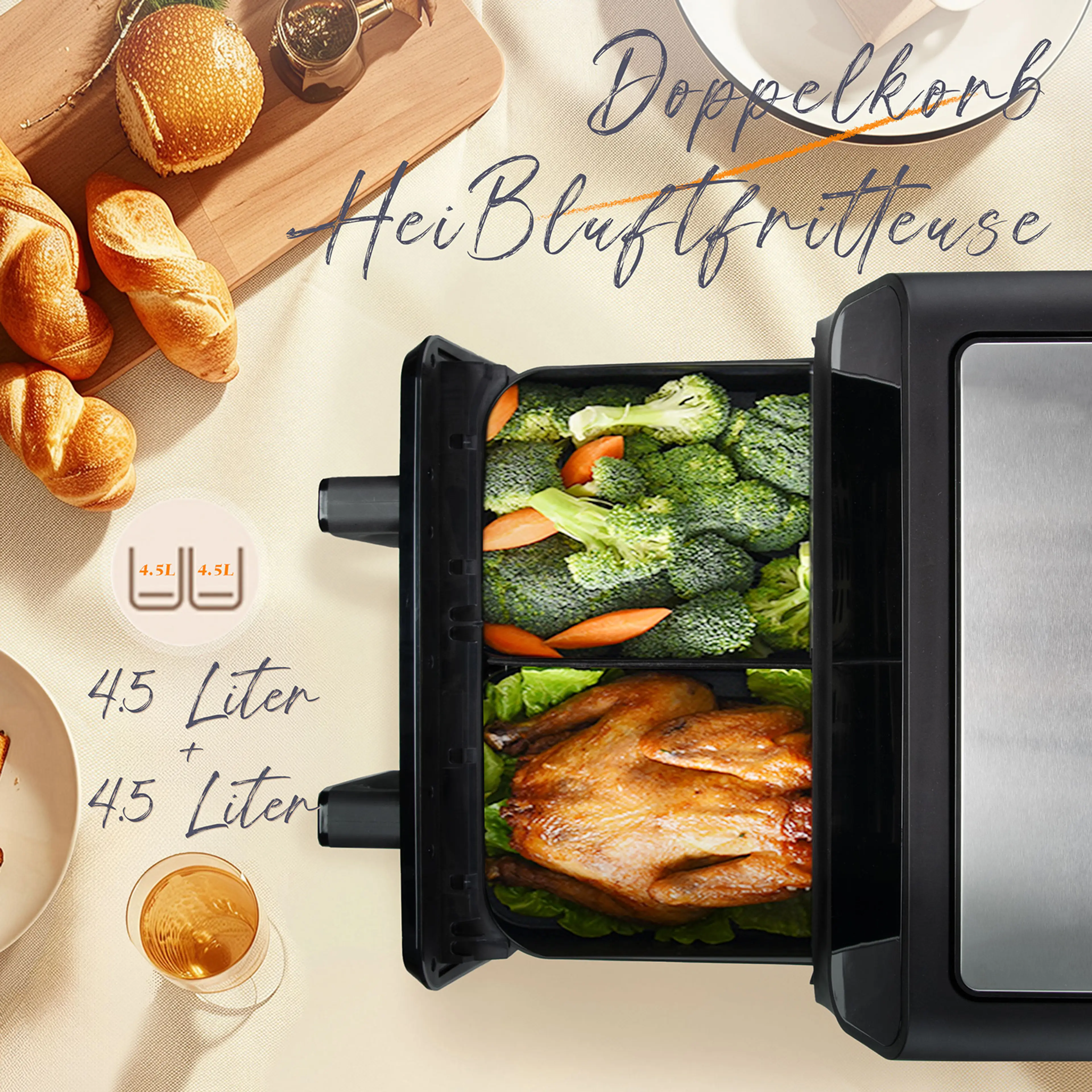Airfryer med dubbla korgar – 9L varmluftsfritös, 2200W, LED