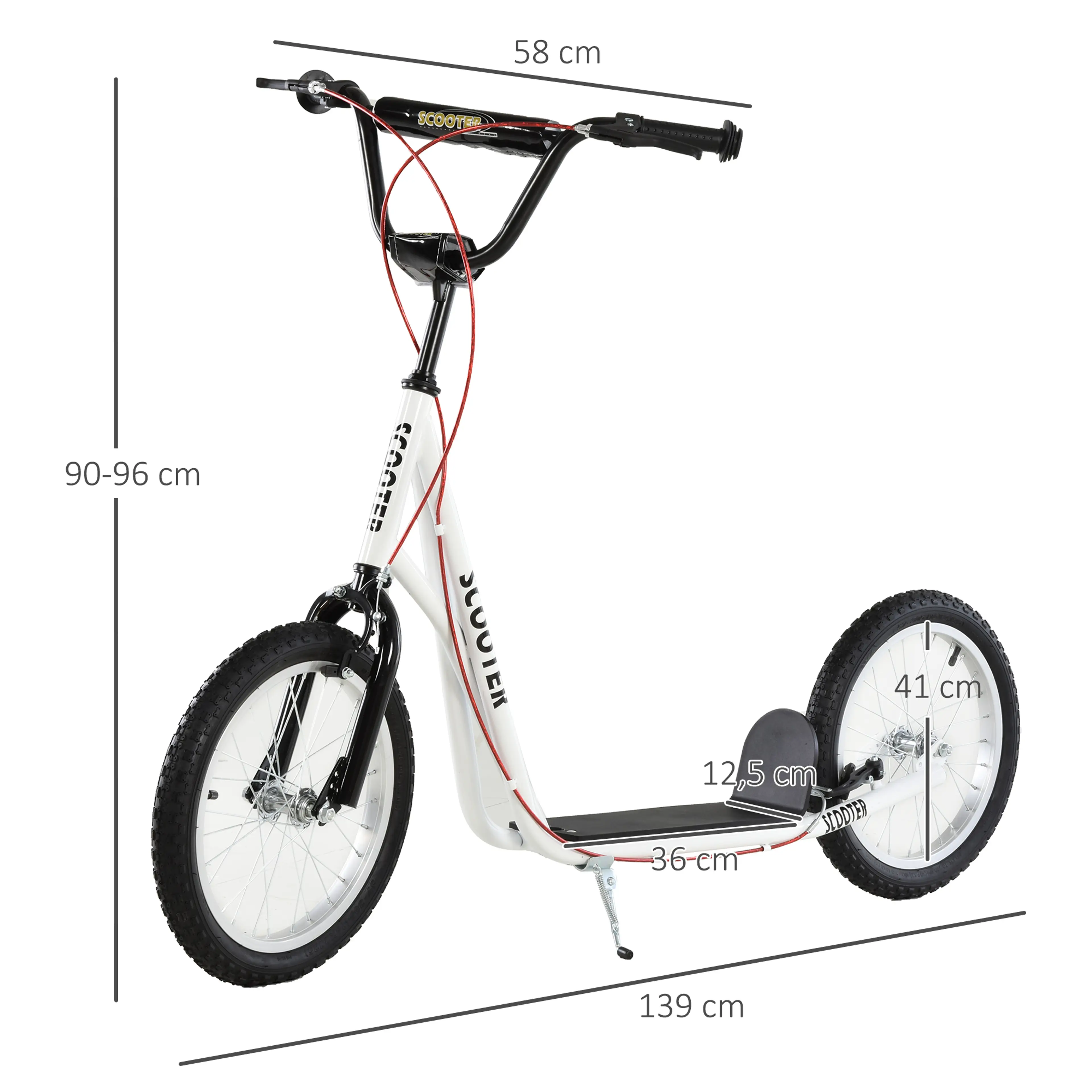 Måttskiss: 139 cm lång, 58 cm bred, styre 90–96 cm och 36 cm fotplatta