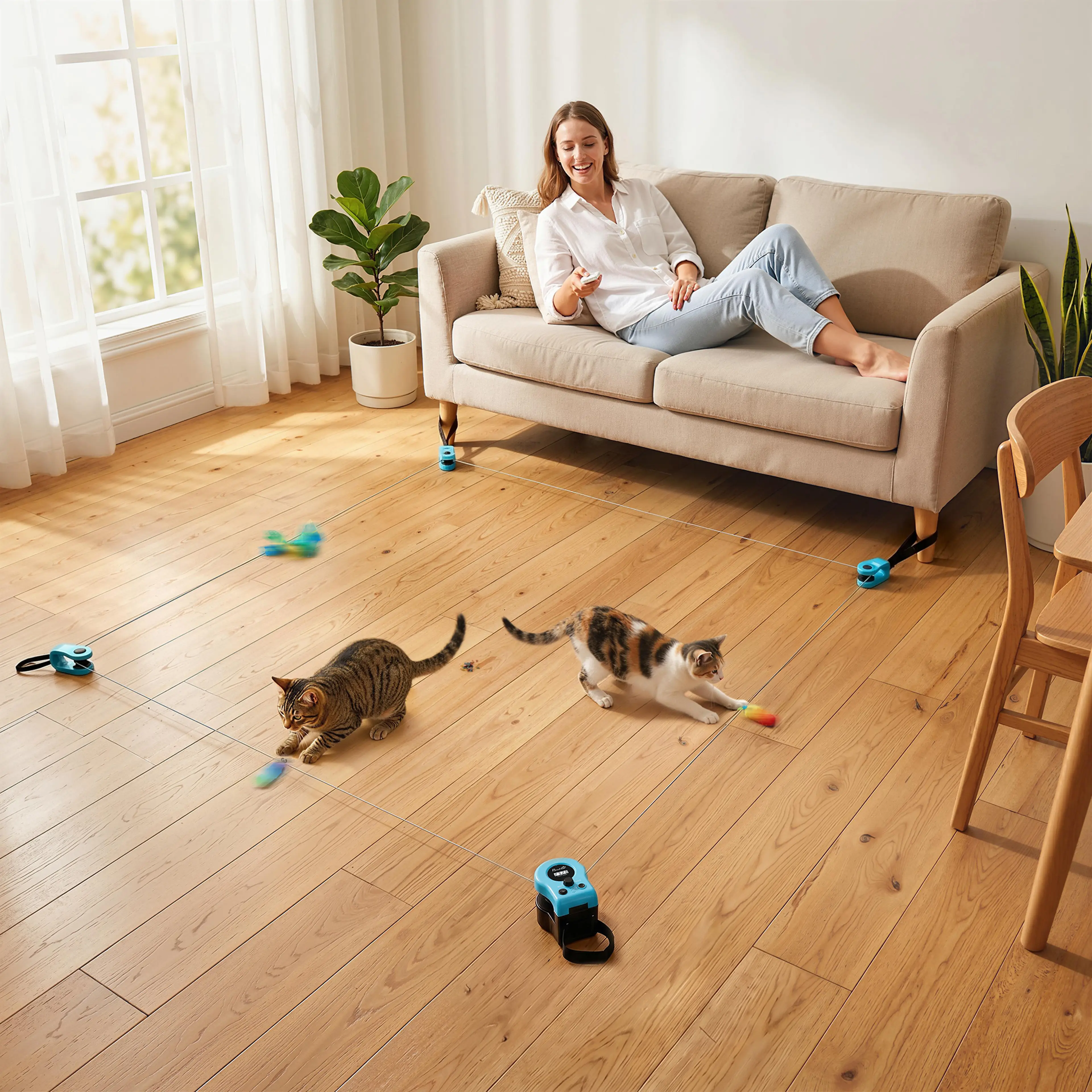 Katterna följer den automatiska kattleksaken runt soffan medan matte sitter kvar och tittar på