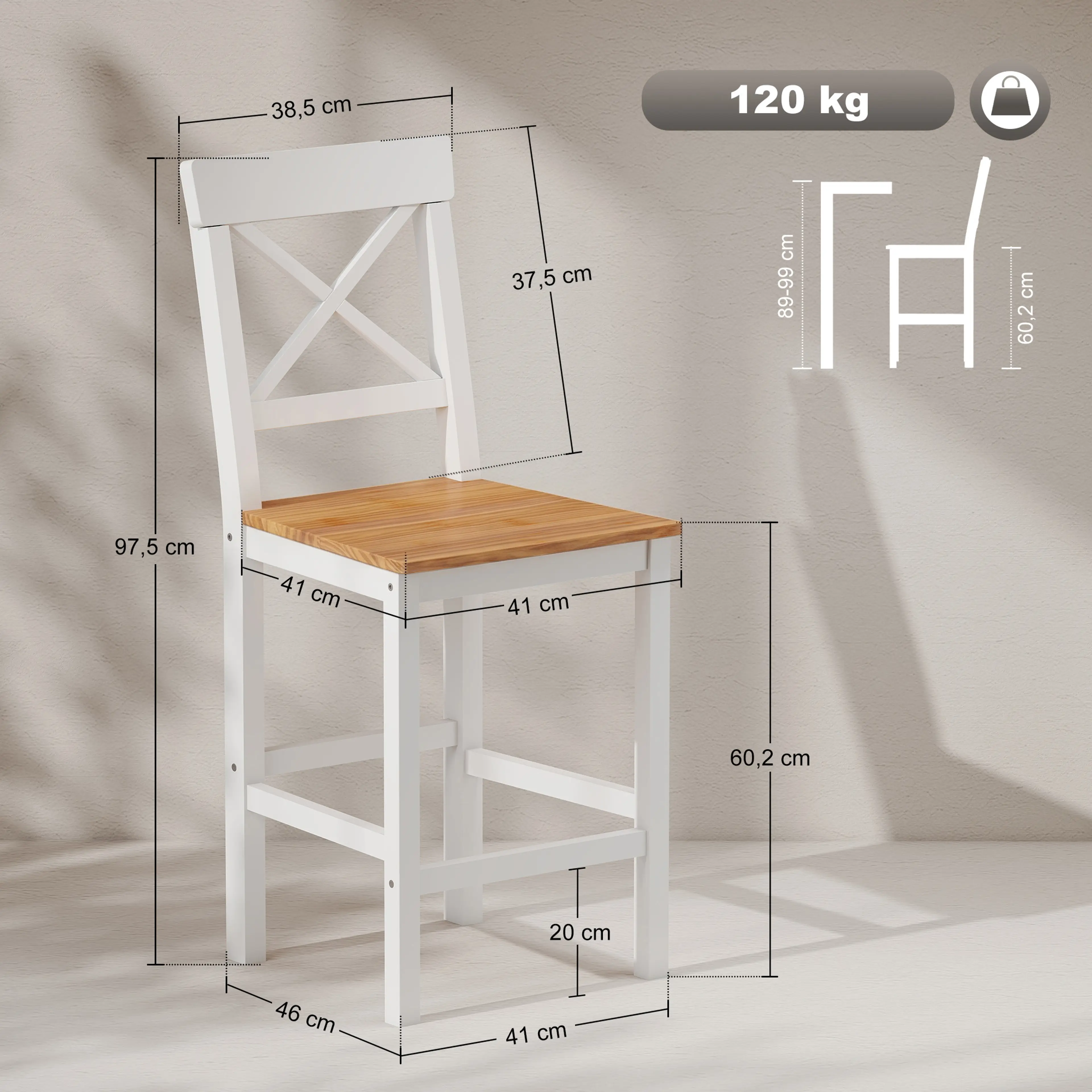 Måttskiss: 41 cm bred, 46 cm djup, 97,5 cm hög, sitthöjd 60,2 cm, bärighet 120 kg