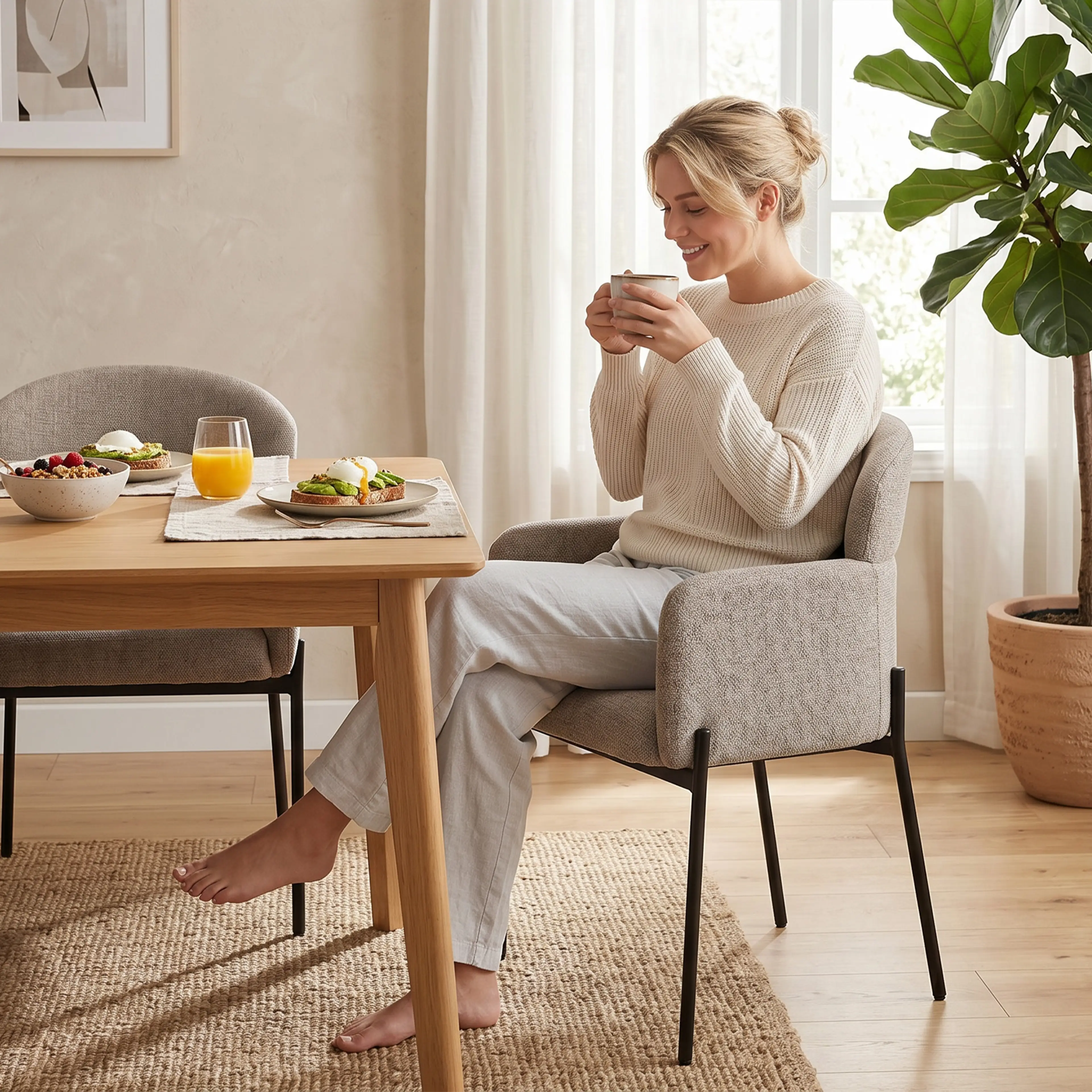 Fåtöljen använd vid ett matbord med en kaffekopp på bordet