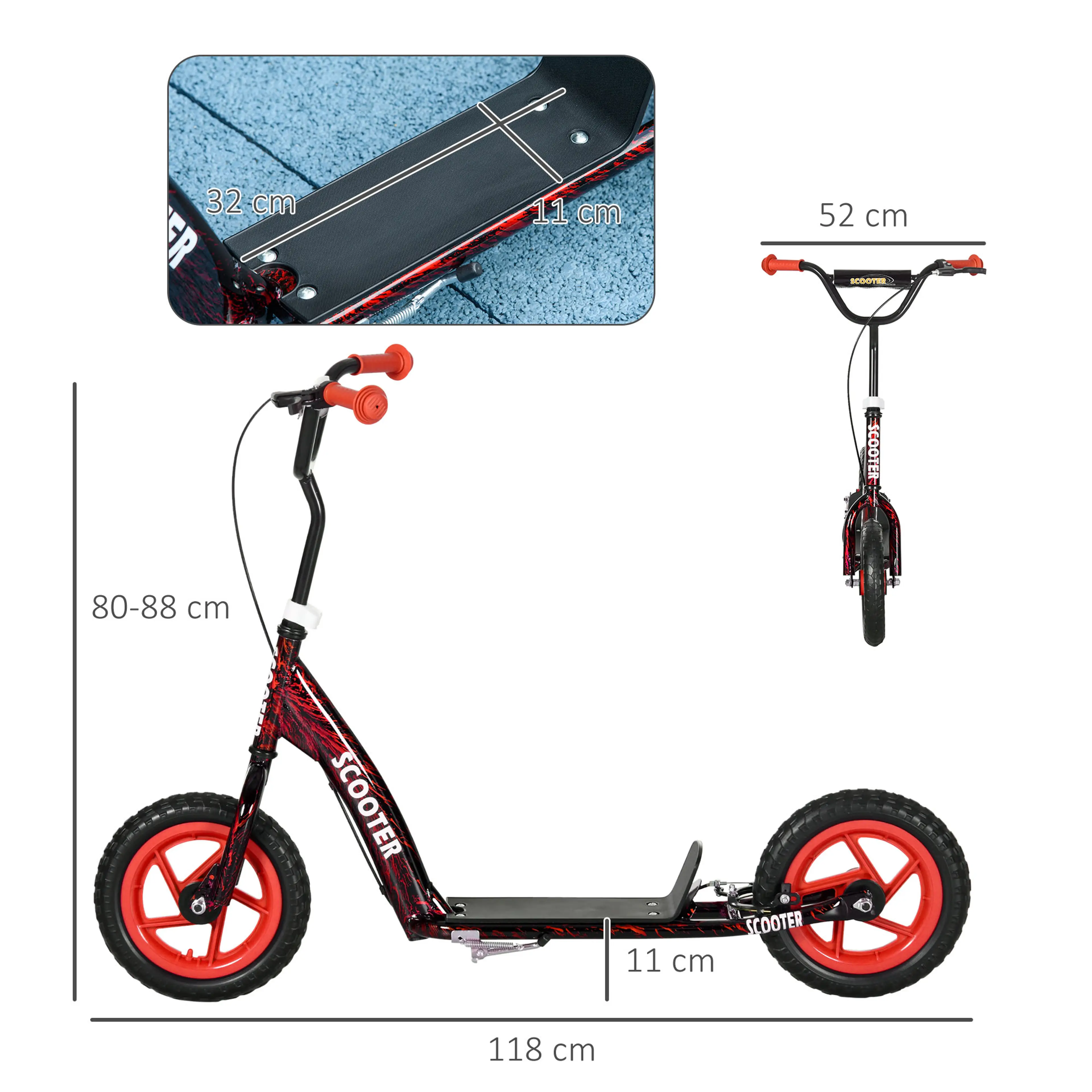 Måttritning för sparkcykel med röda hjul: 118 cm lång och 11 cm markfrigång