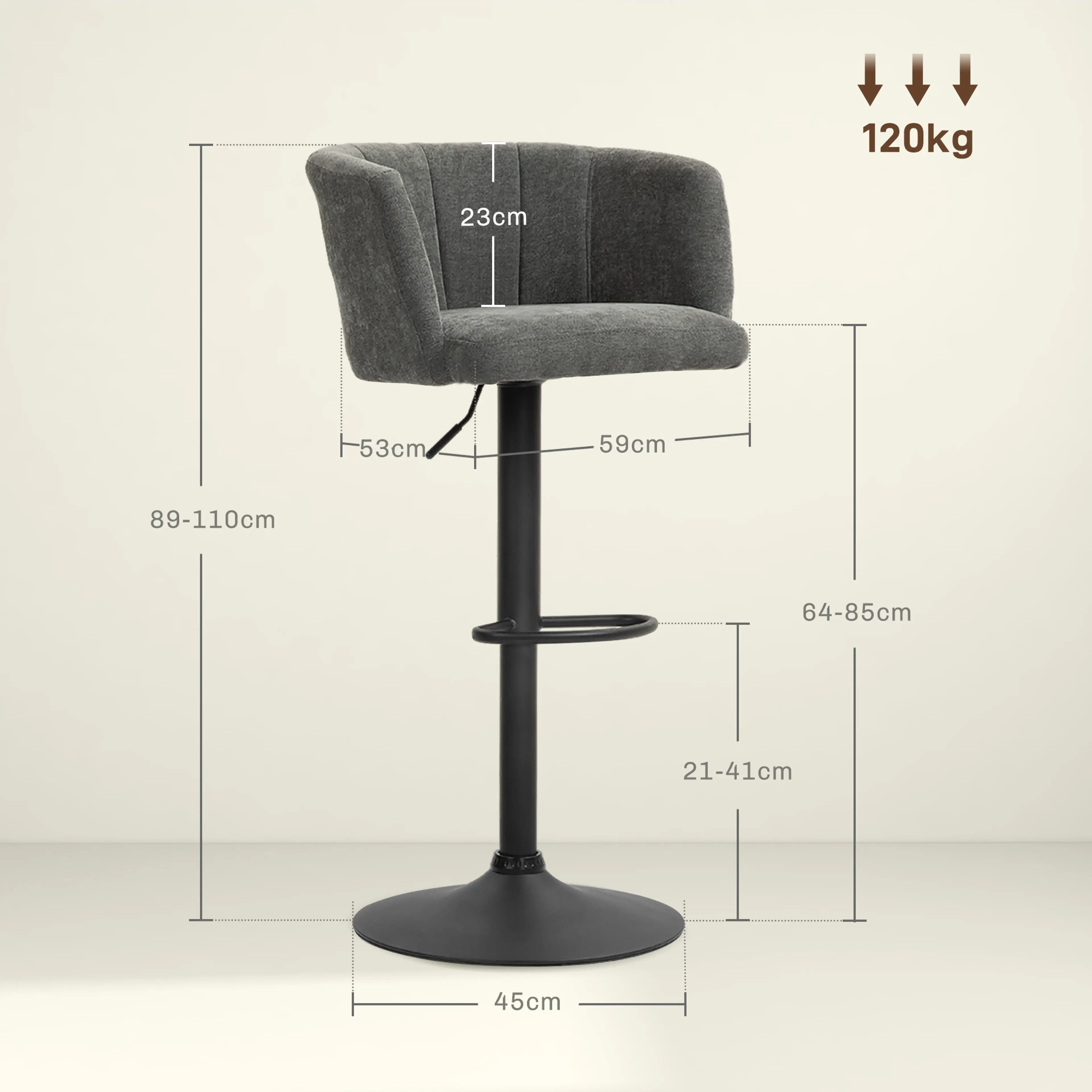 Måttskiss: 59 cm bred, 53 cm djup, 89–110 cm hög, sitthöjd 64–85 cm, bärighet 120 kg
