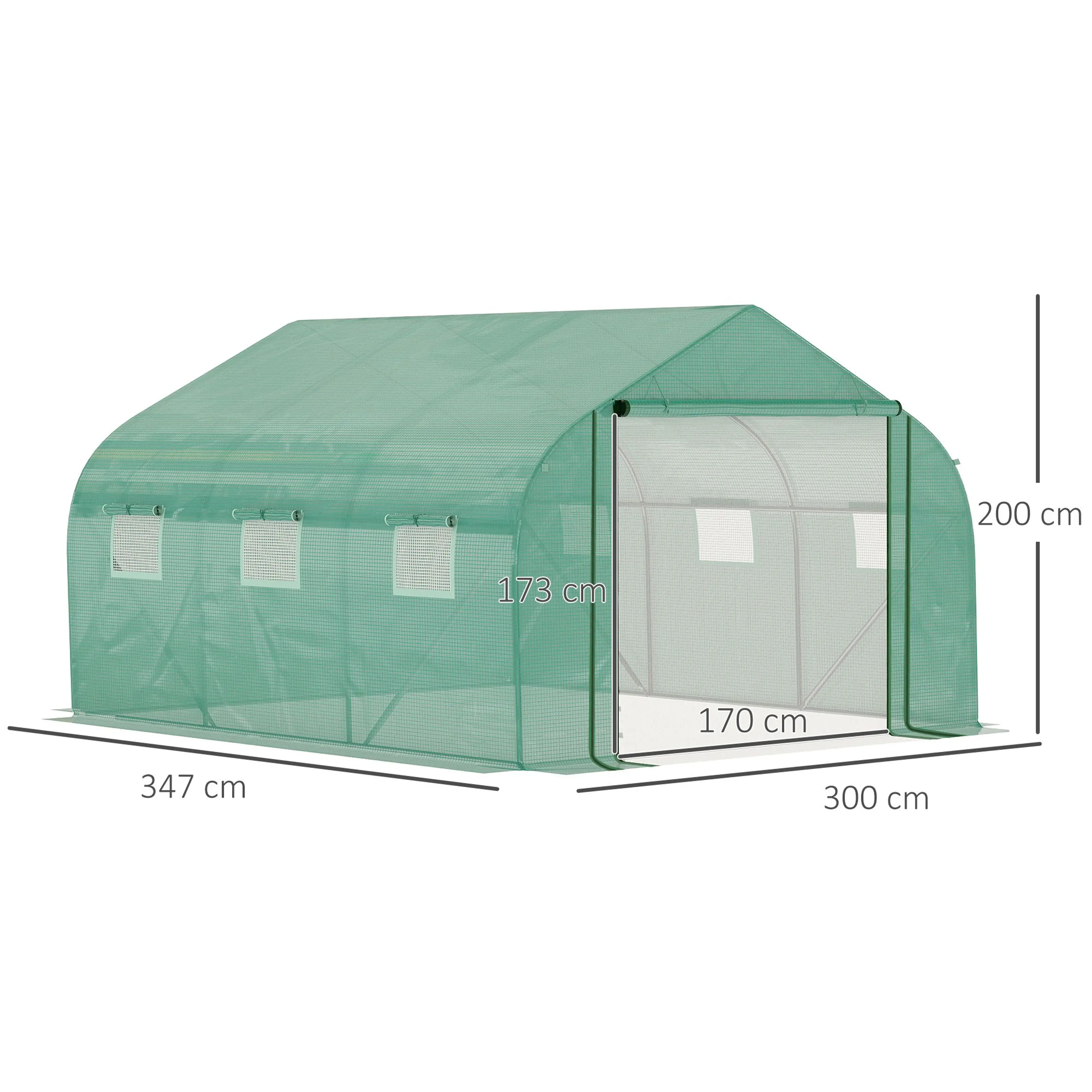 Måttskiss: 347 cm långt, 300 cm brett och 200 cm högt, dörröppning 170 cm