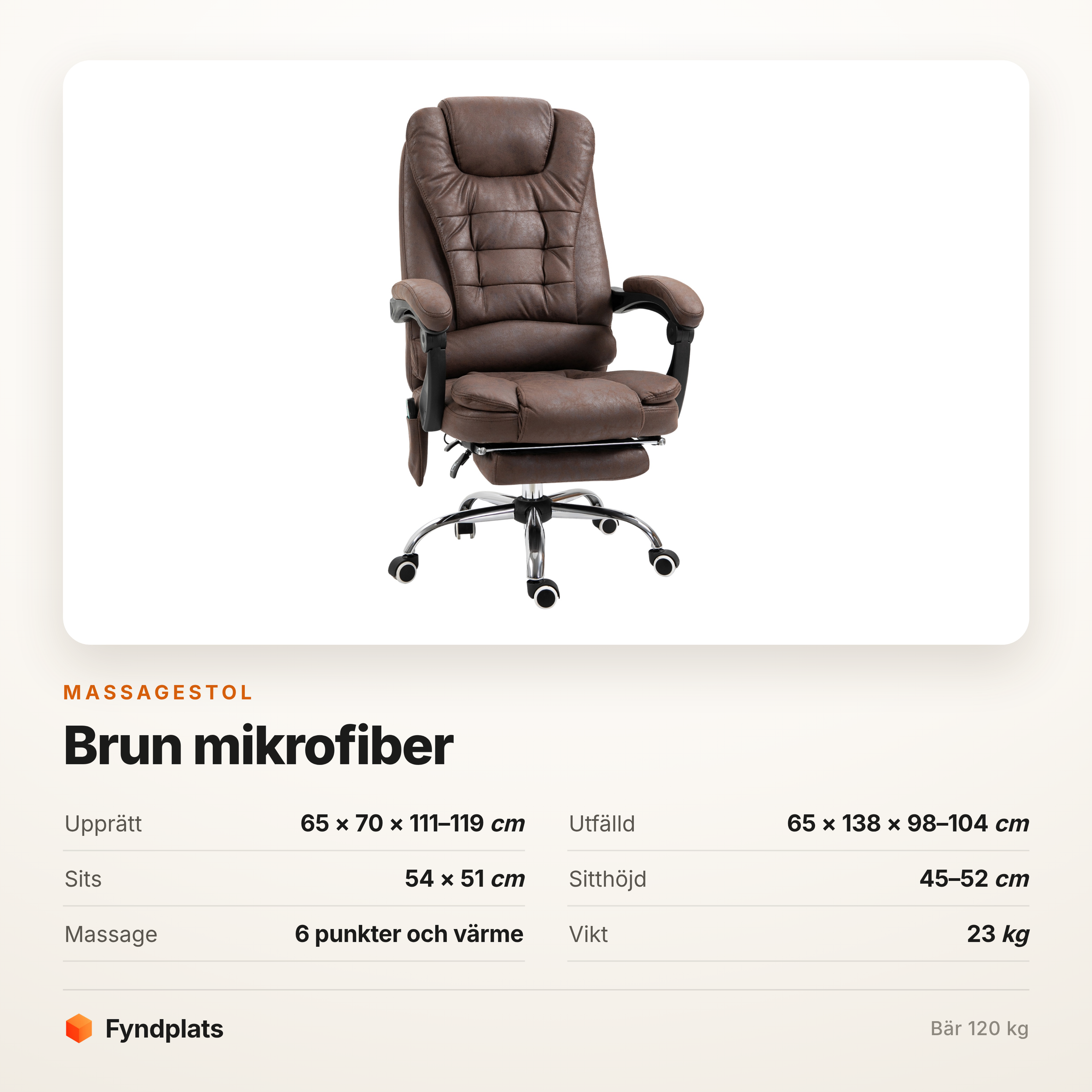 Massagestol brun i mikrofiber – sex punkter med värme, 138 cm utfälld – bild 5