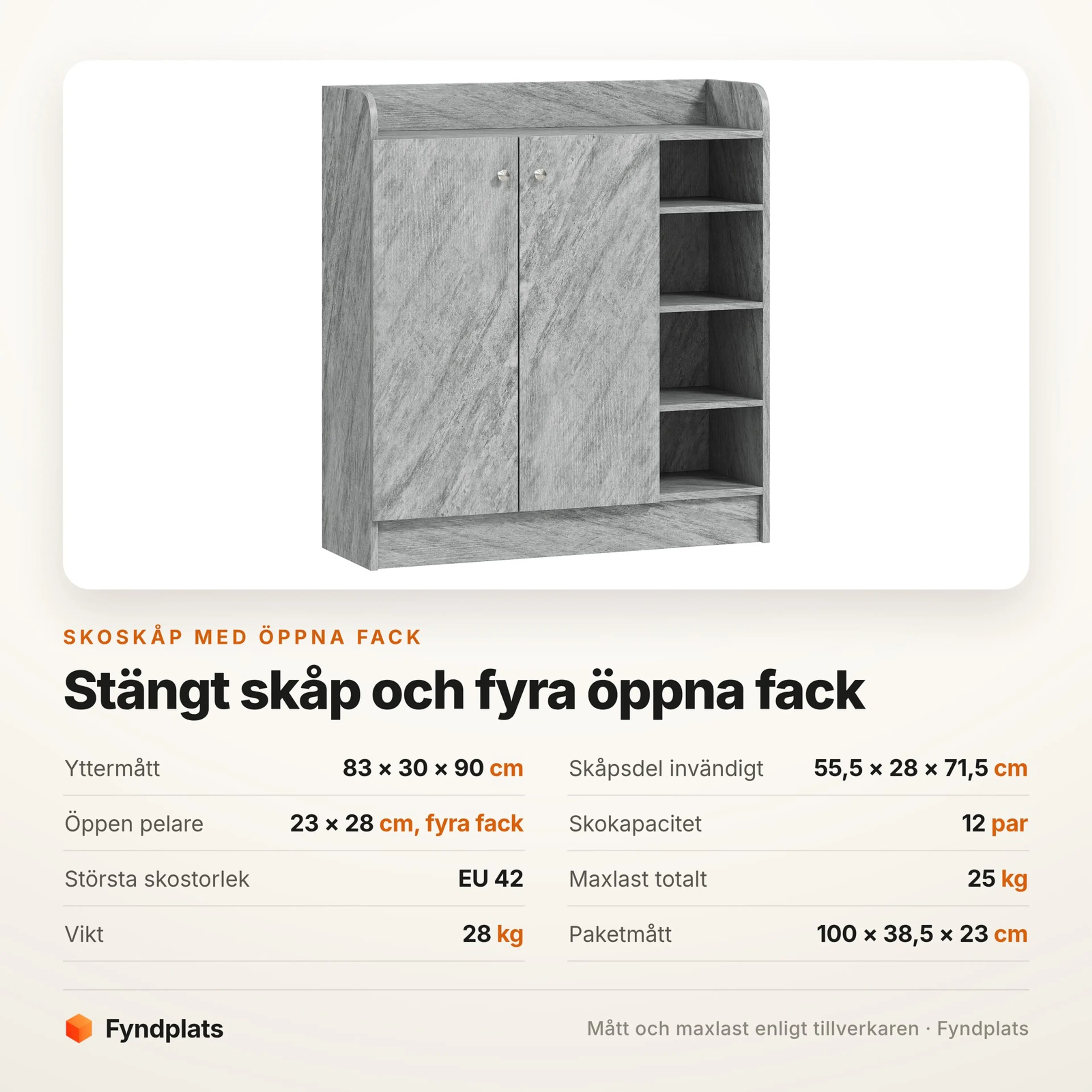 Spec-kort för skoskåpet: 83 × 30 × 90 cm, 12 par och skor upp till EU 42