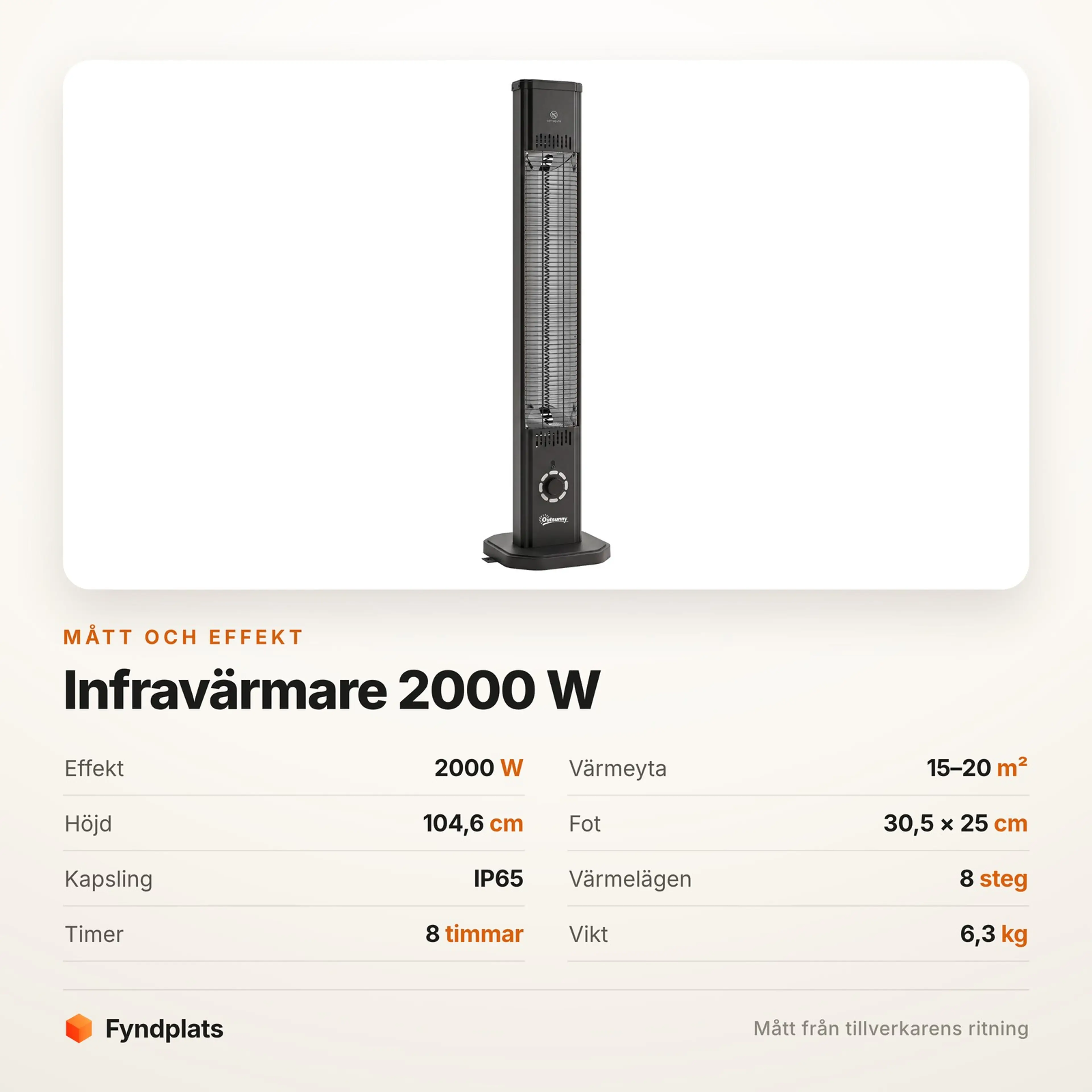 Specifikationskort: 2000 W, 15–20 m² värmeyta, 104,6 cm hög, IP65 och 8 värmelägen