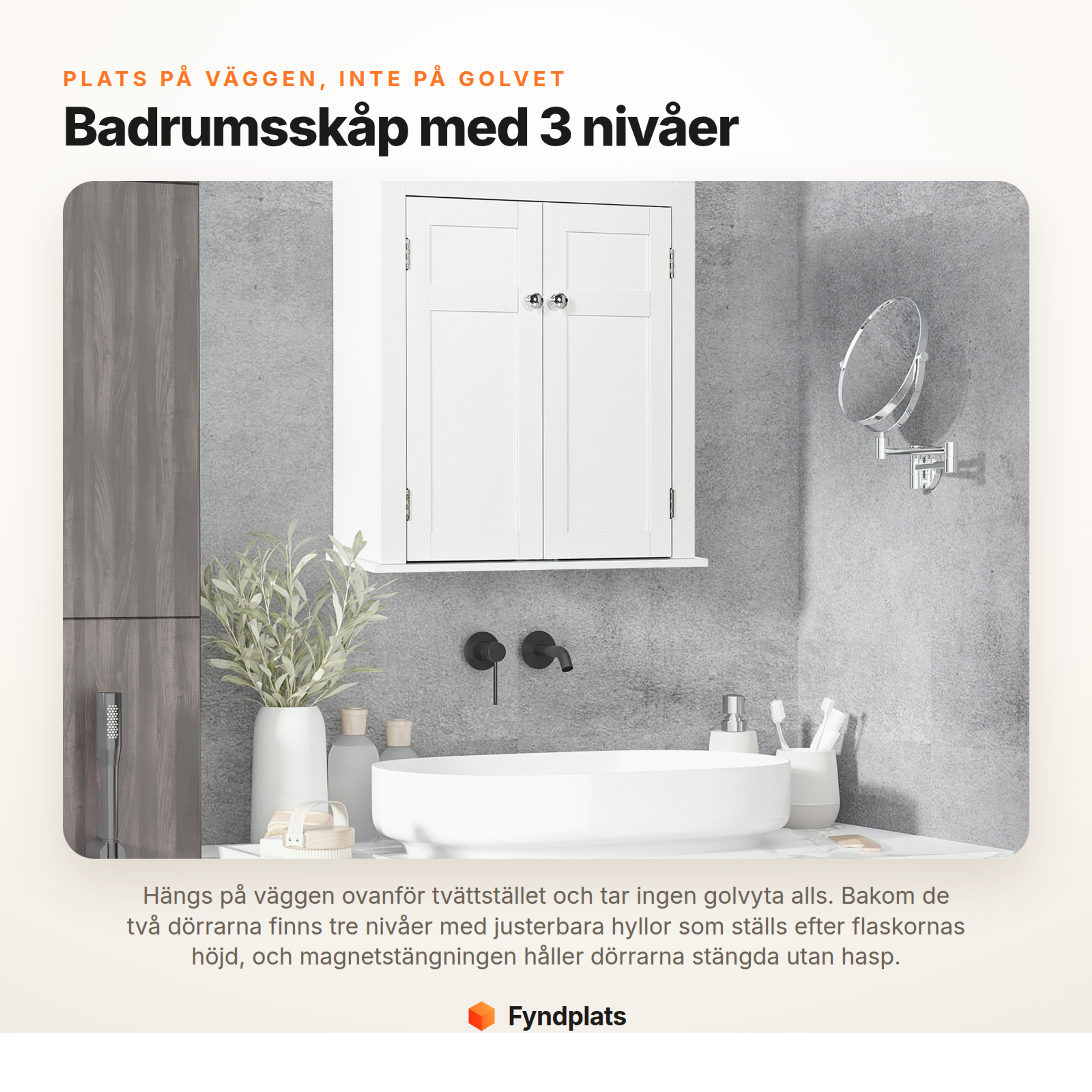 Fyndplats – badrumsskåp för vägg med tre nivåer, justerbara hyllor och magnetstängning
