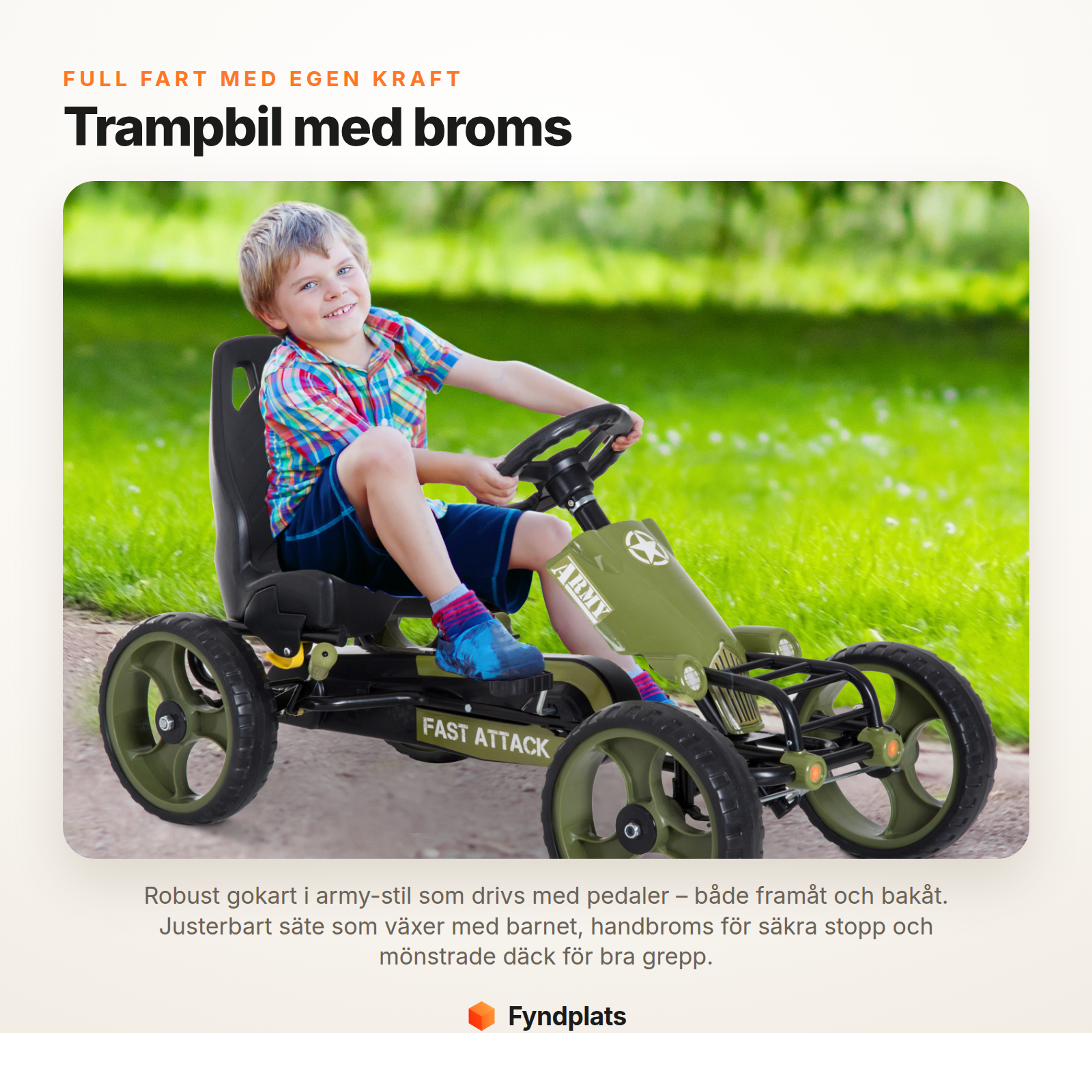 Fyndplats – trampbil för barn med pedaler, handbroms och justerbart säte, från 3 år