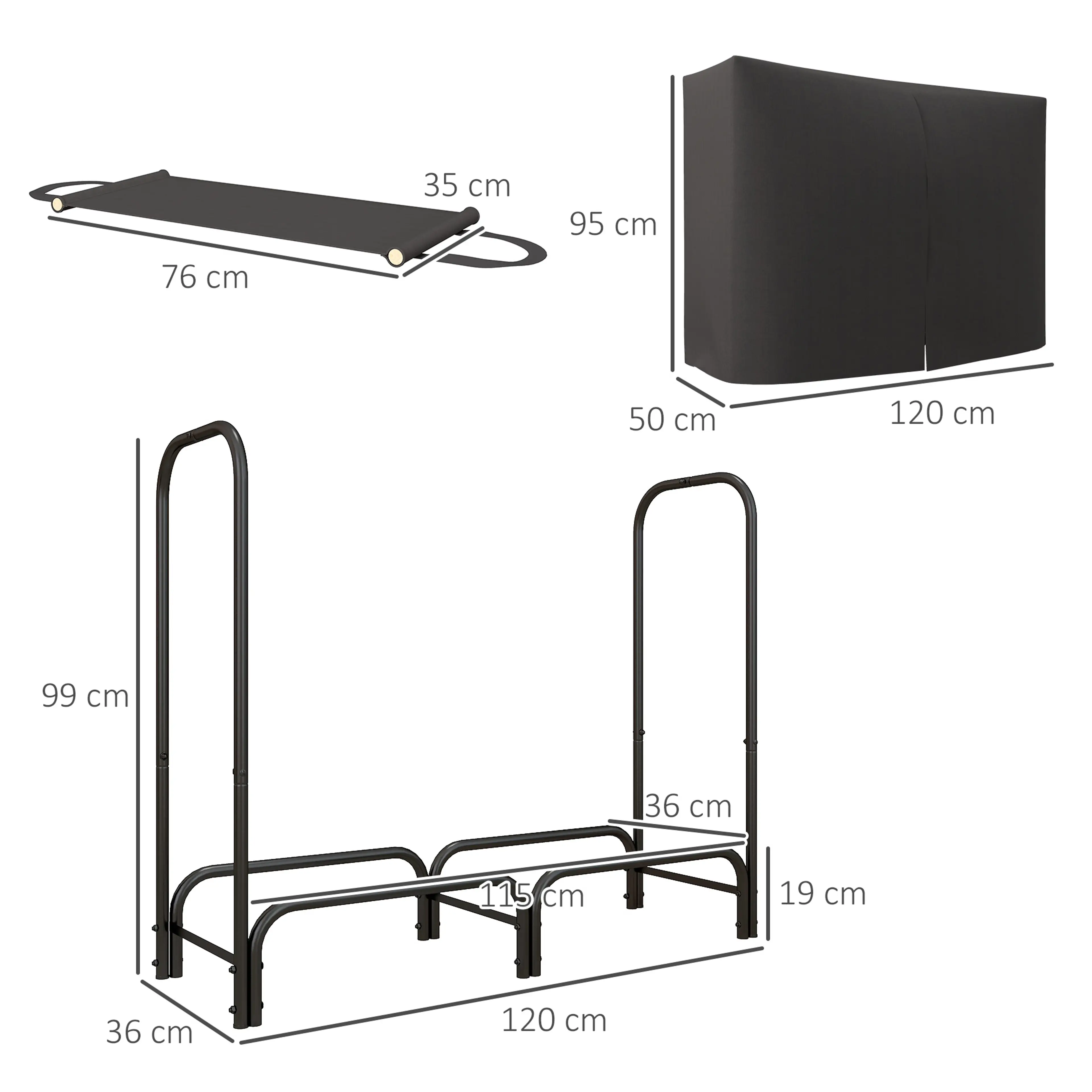 Måttbild: stället är 120 × 36 × 99 cm, överdraget 120 × 50 × 95 cm och bärväskan 76 × 35 cm