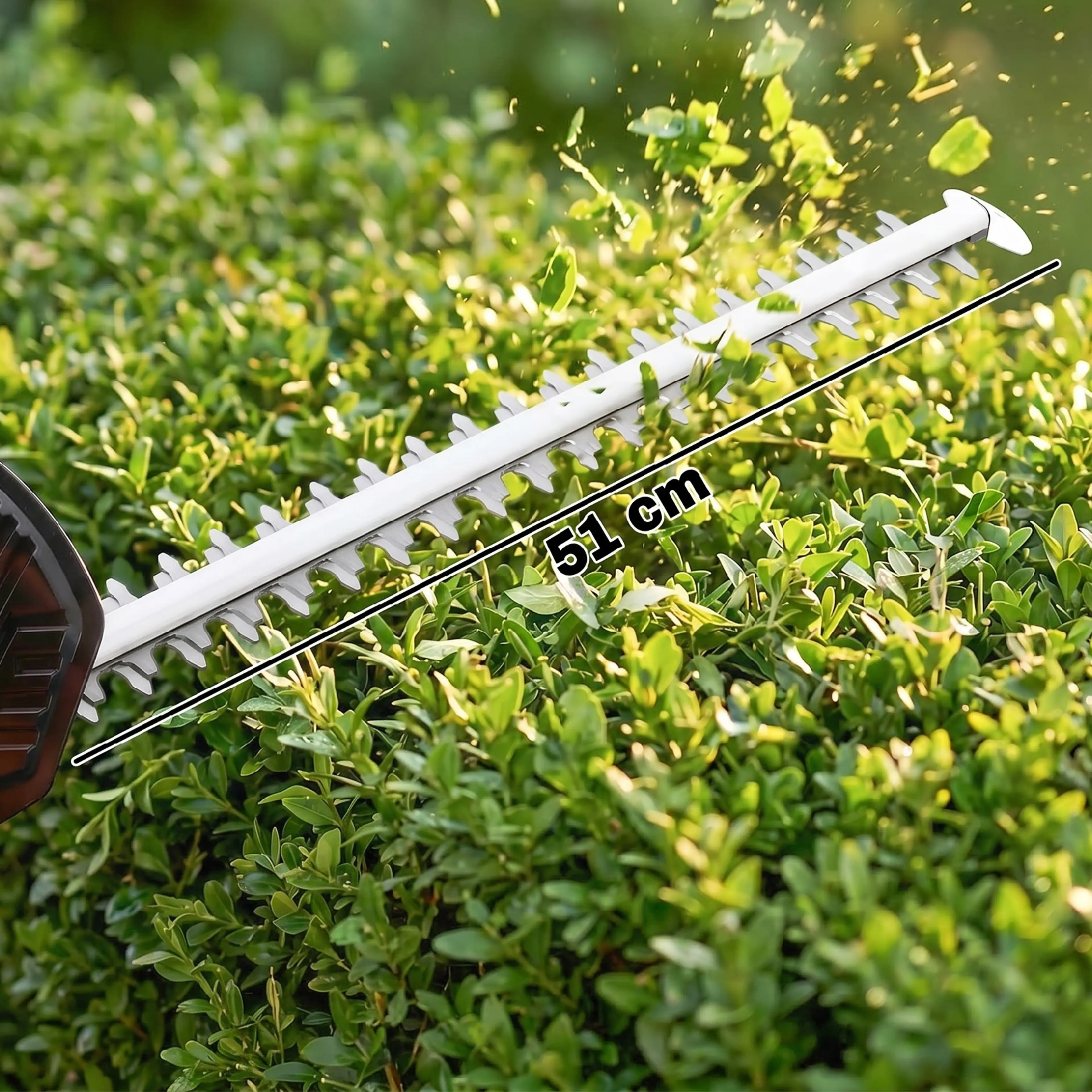 Närbild på det 51 cm långa dubbelverkande svärdet i en buxbomshäck