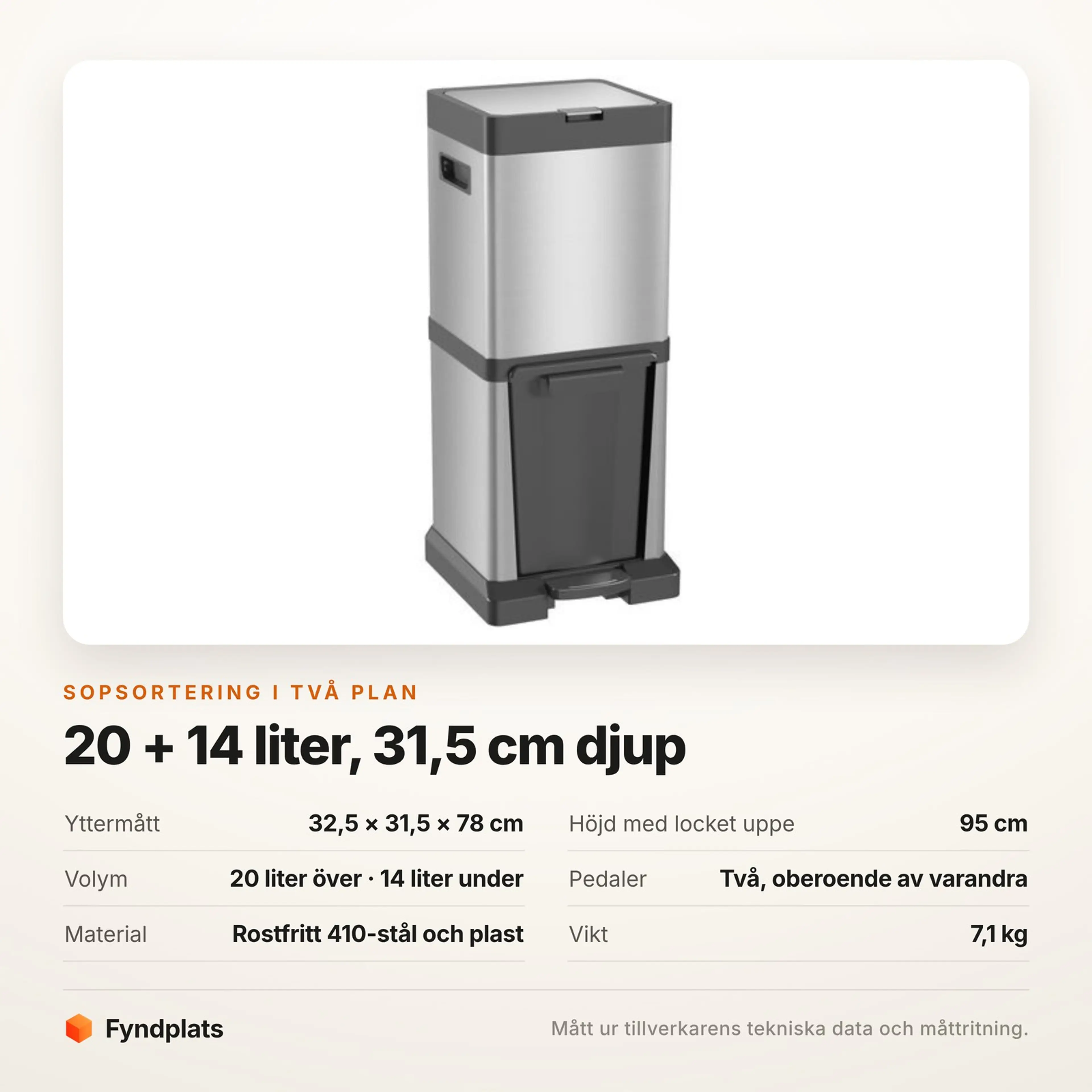 Specifikationskort för sopsorteringen med mått, volym och pedaler