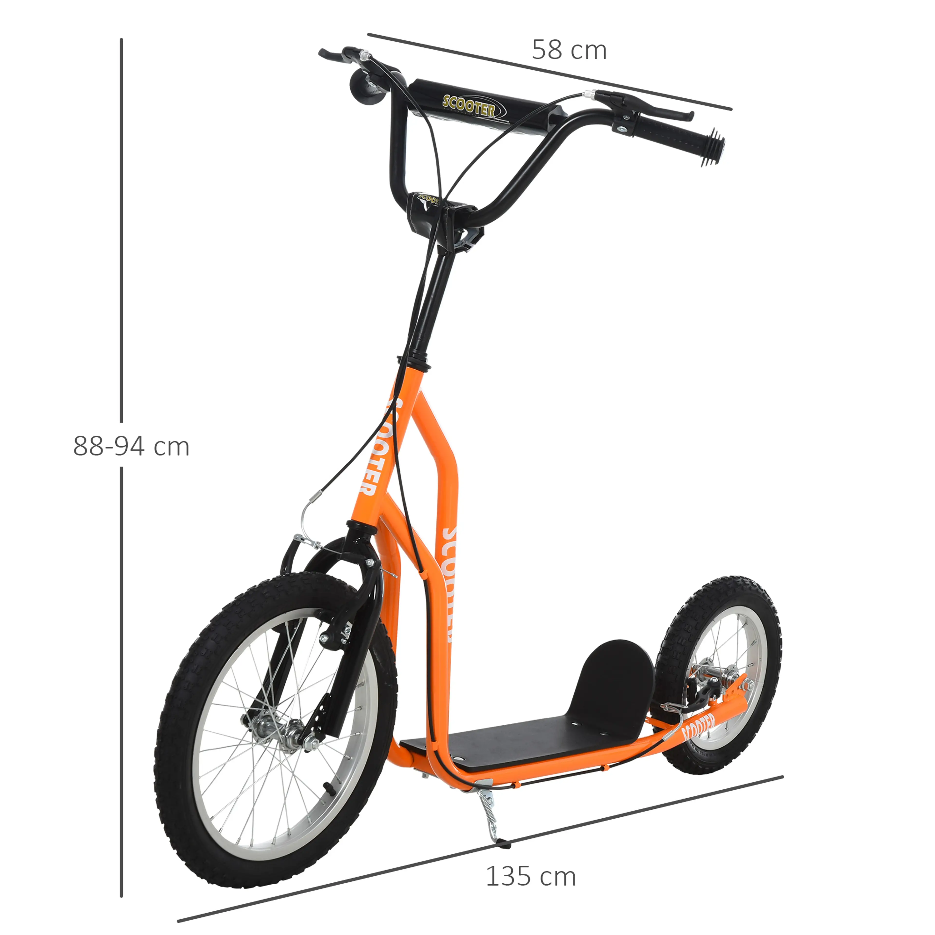 Måttritning för sparkcykel med stort framhjul: 135 cm lång och styre 88–94 cm