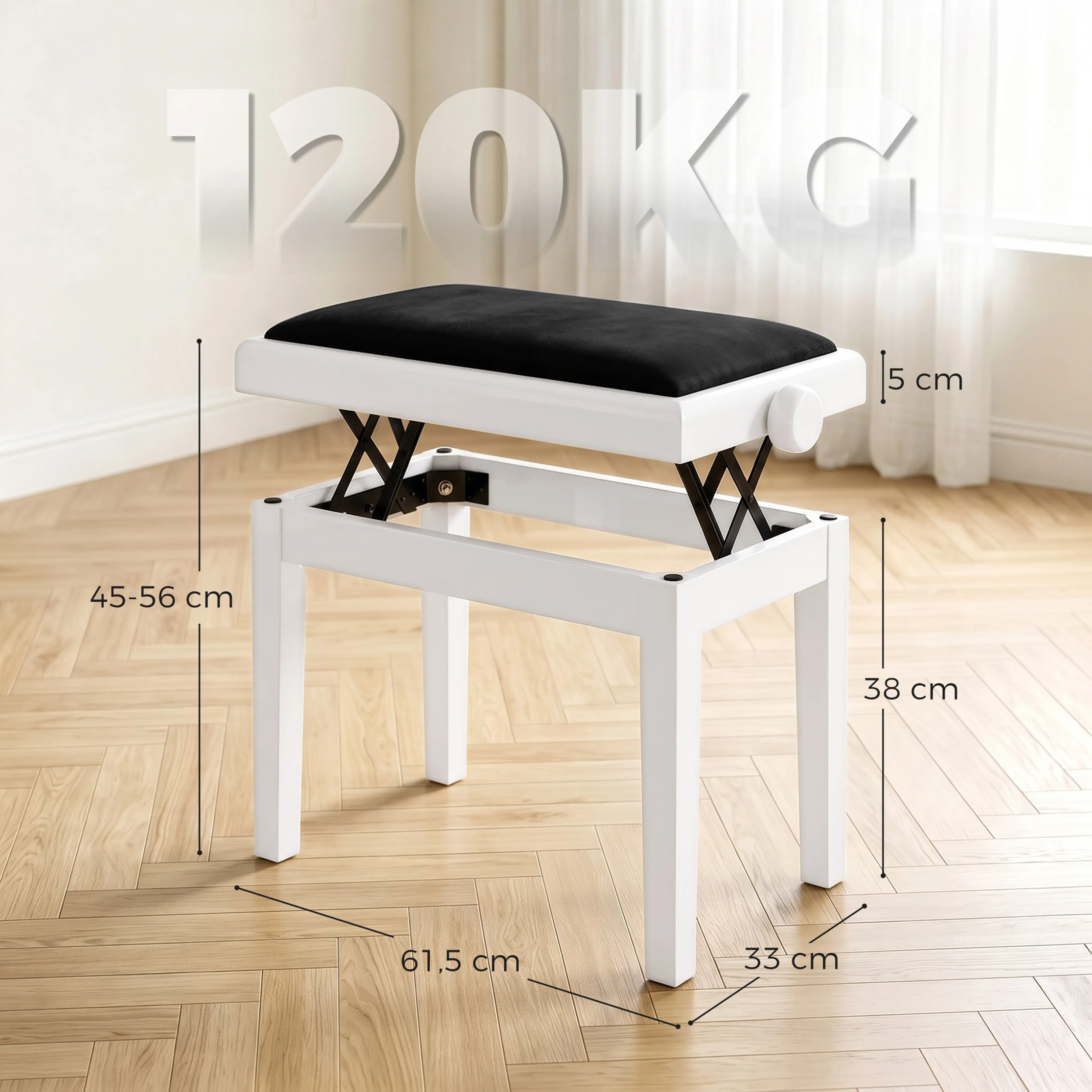 Måttskiss: 61,5 cm bred, 33 cm djup, höjd 45–56 cm och benhöjd 38 cm