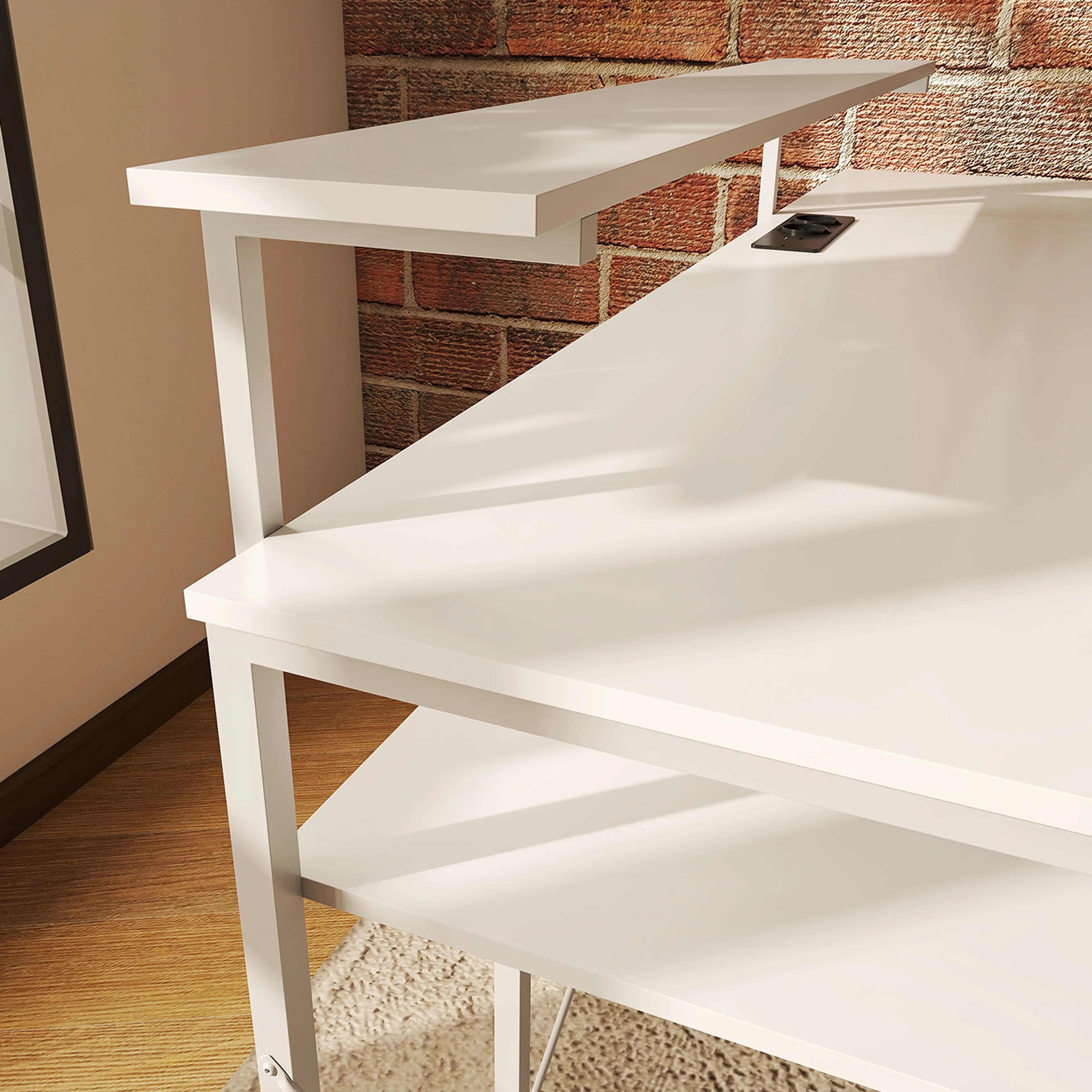 Hörnskrivbord med laddstation och hylltorn – vit – bild 6