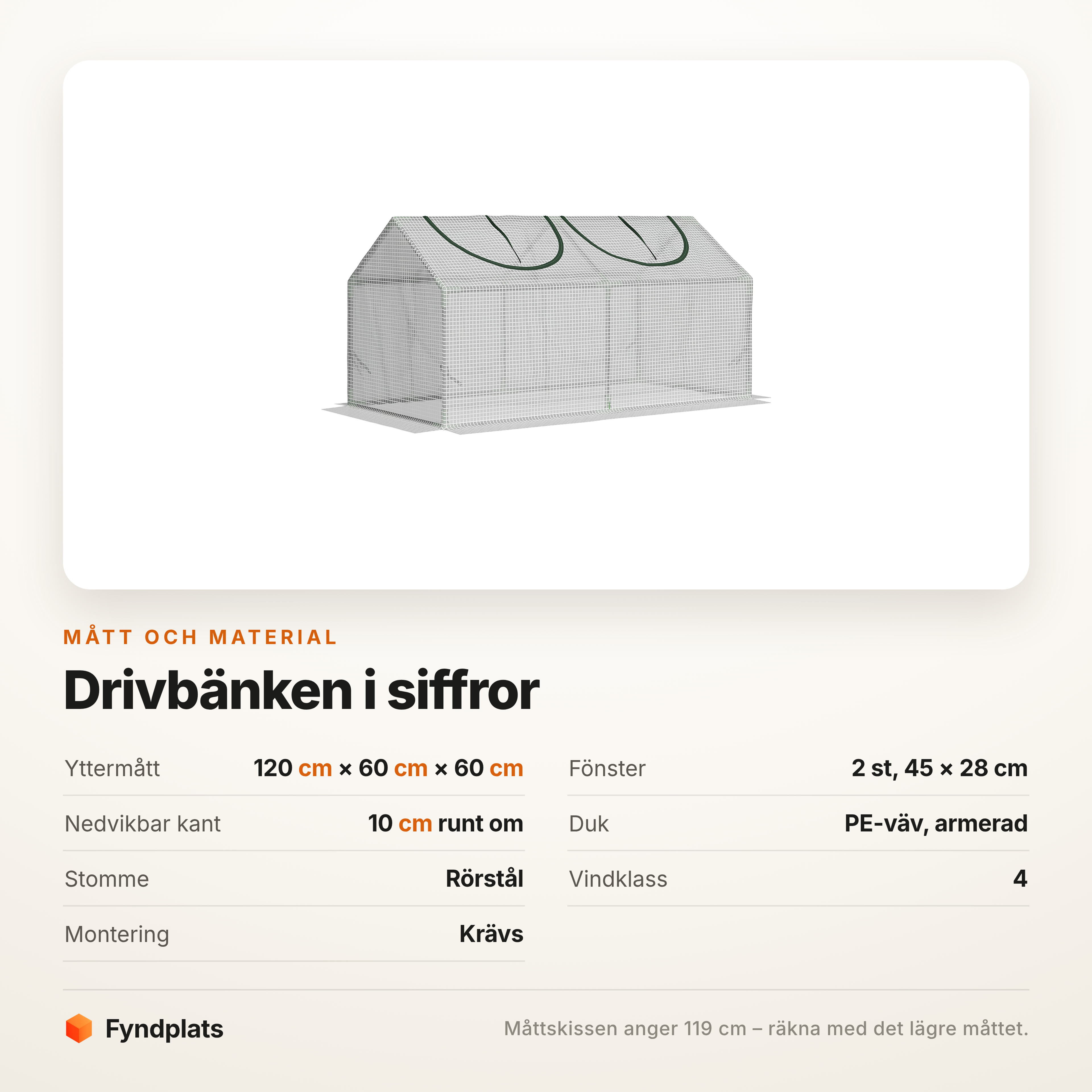 Specifikationstabell för drivbänken: mått, fönster, duk och vindklass