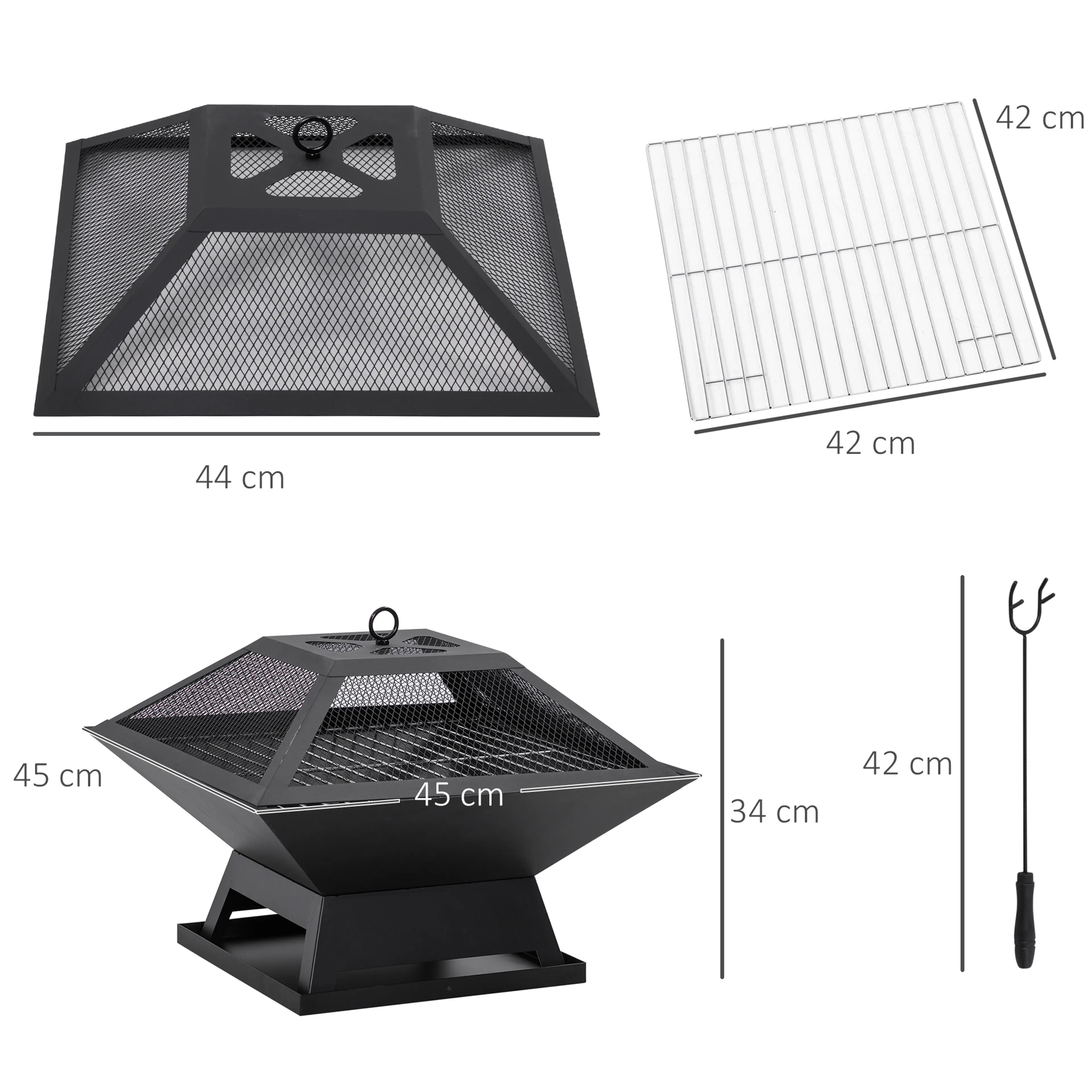 Måttritning: 45 × 45 cm, lock 44 cm, grillgaller 42 cm