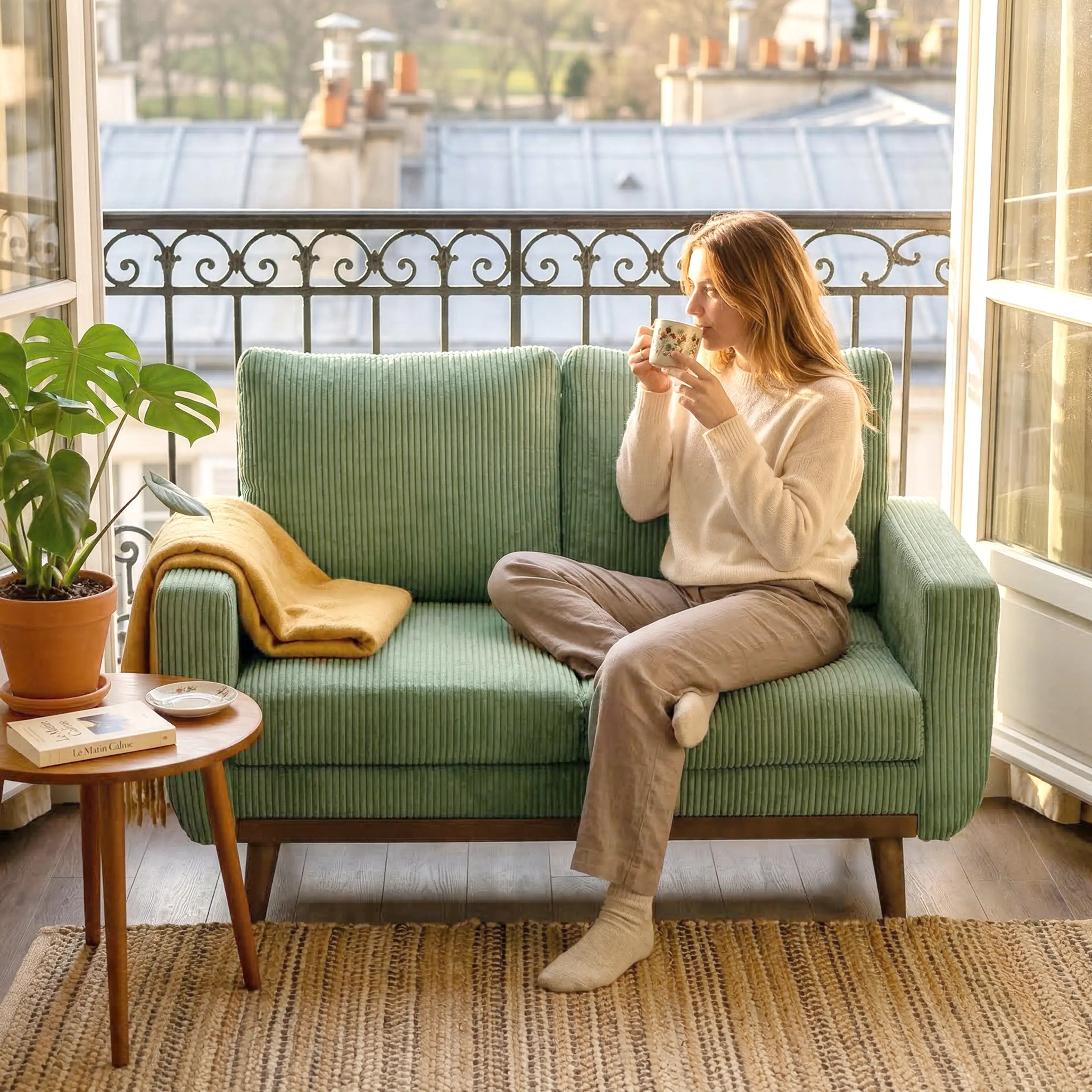 En kvinna dricker kaffe i soffan framför ett fönster mot en balkong