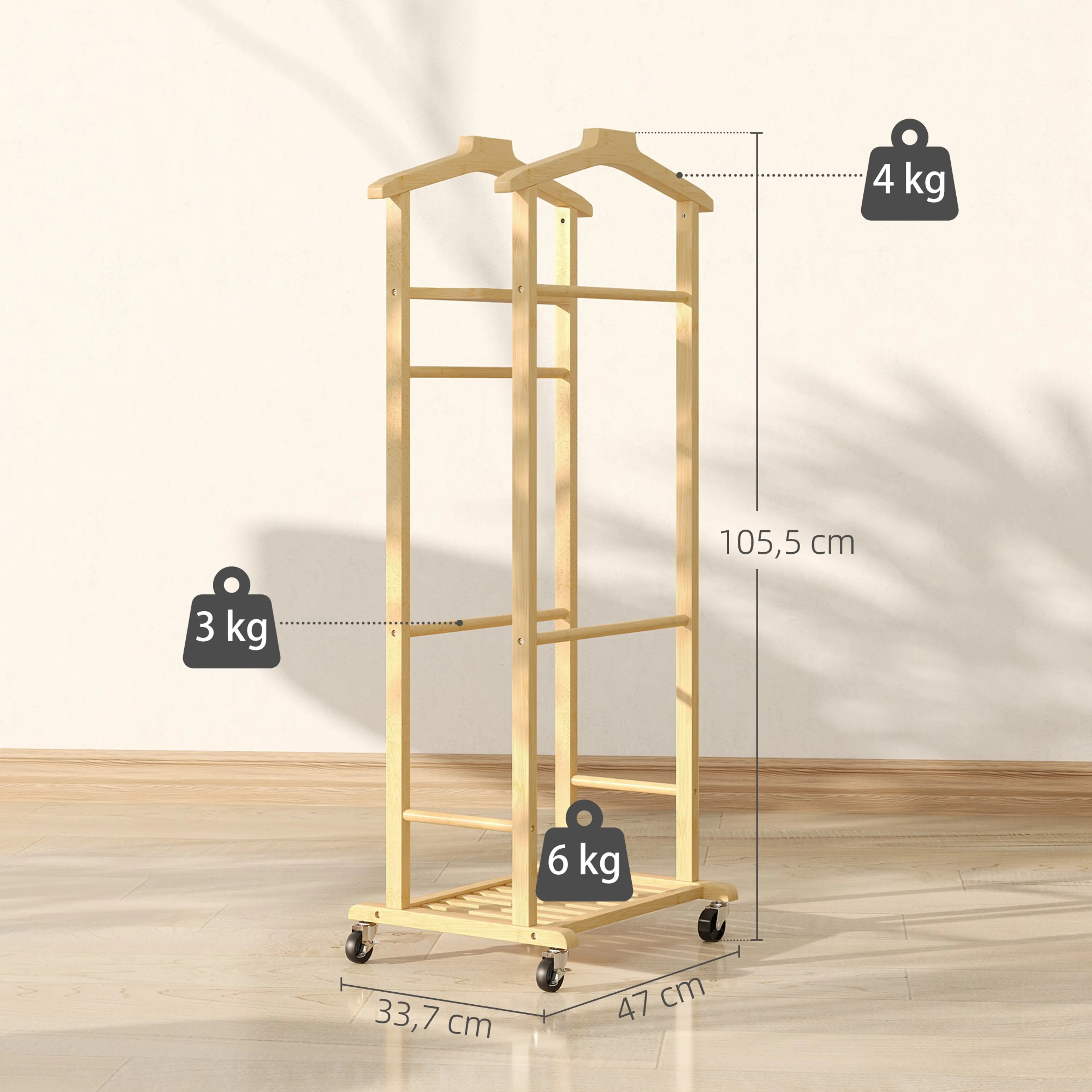 Måttskiss: 105,5 cm högt, 47 × 33,7 cm golvyta och lastgränser på 3, 4 och 6 kg