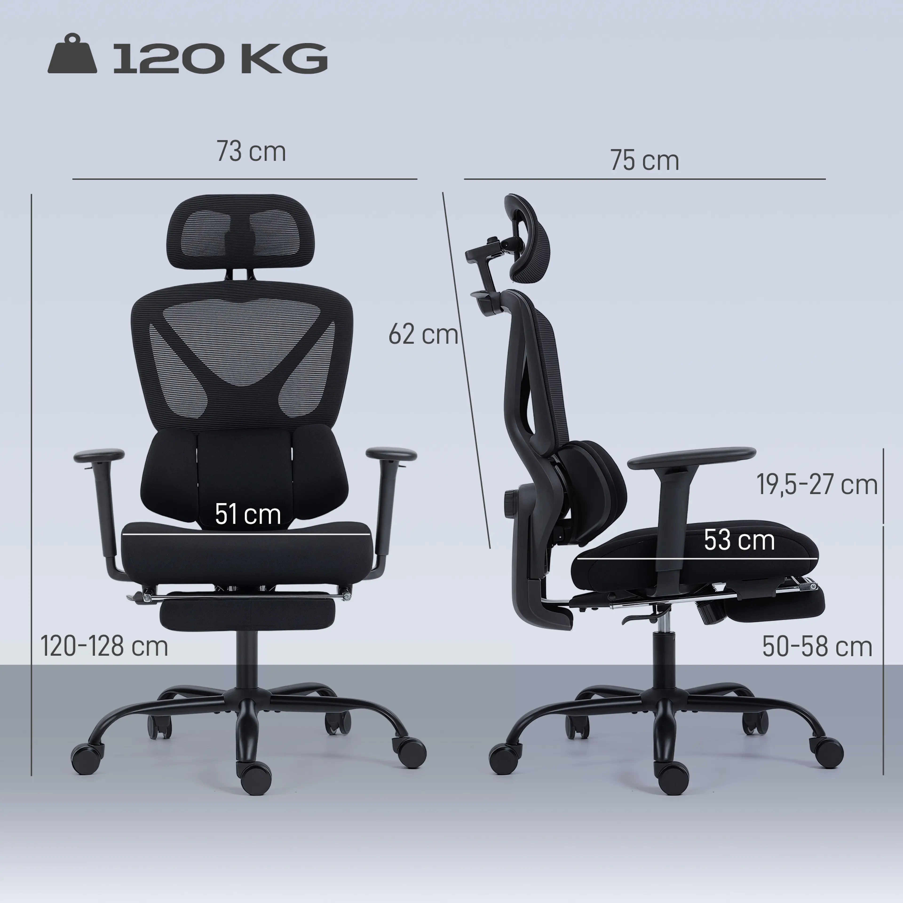 Måttritning med bredd 73 cm, djup 75 cm, höjd 120–128 cm och sitthöjd 50–58 cm