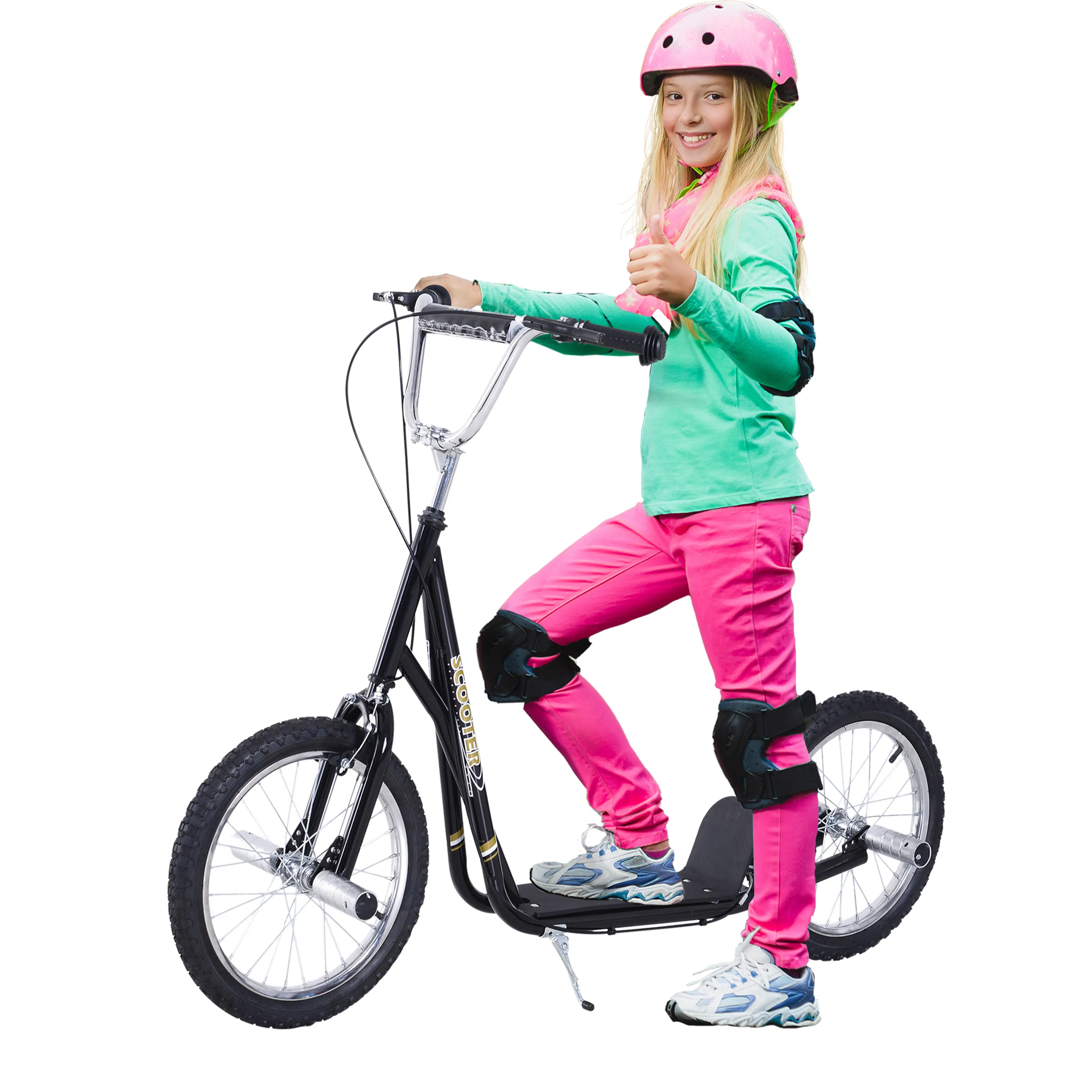 Svart sparkcykel för barn med 16-tumshjul och flicka i hjälm bredvid