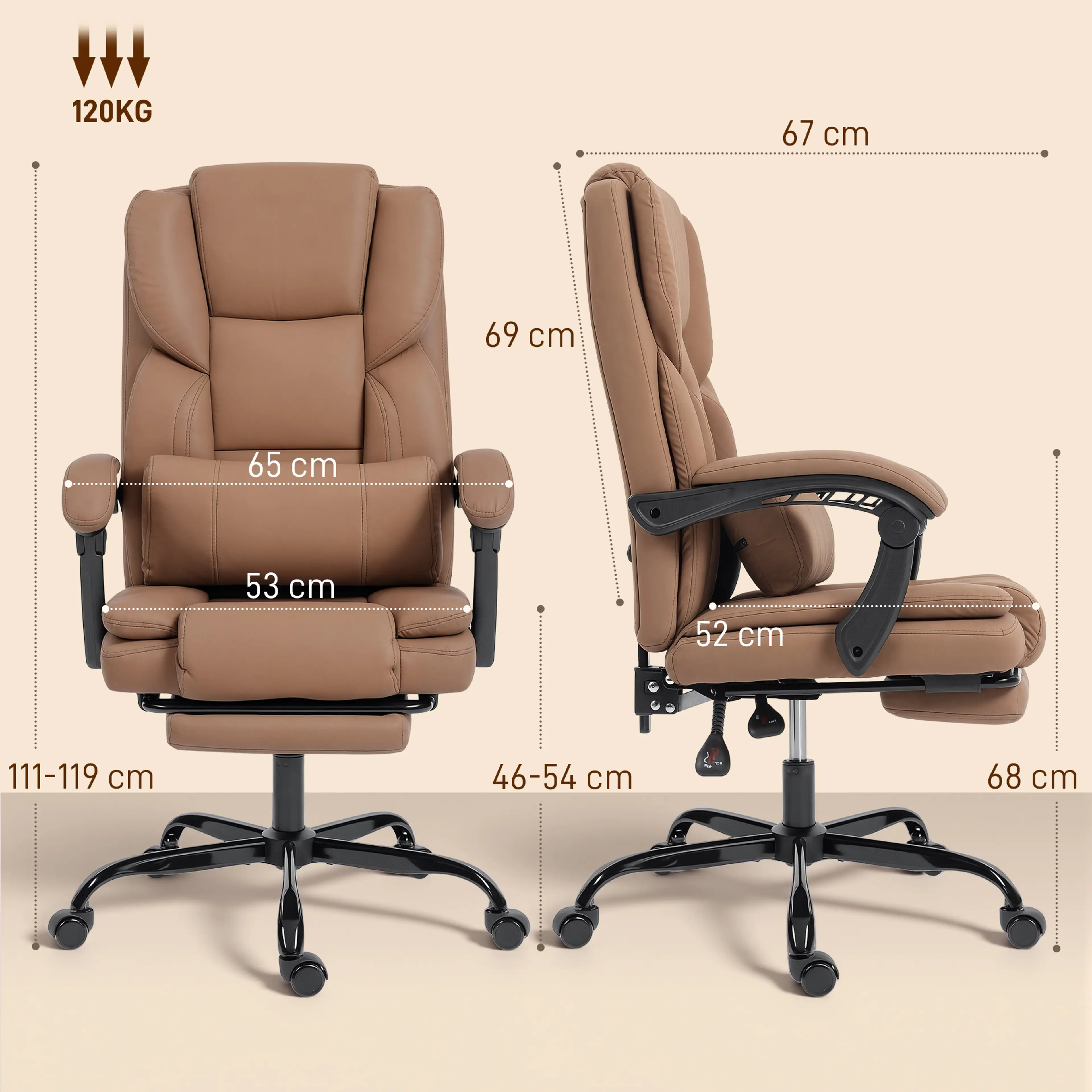 Måttskiss: 65 cm bred, 67 cm djup, 111–119 cm hög och sits 46–54 cm