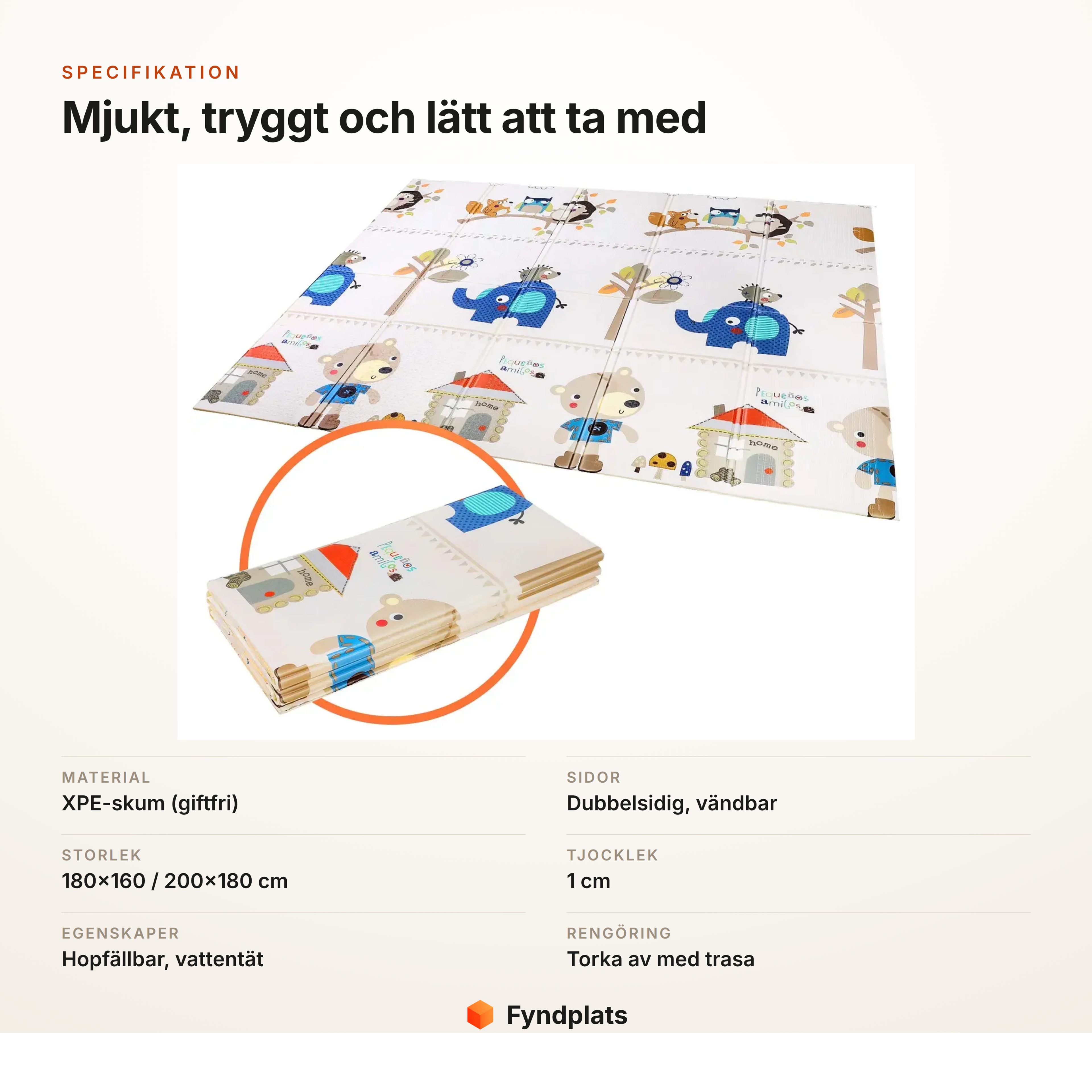 Specifikationskort för hopfällbar lekmatta i XPE-skum med elefantmönster