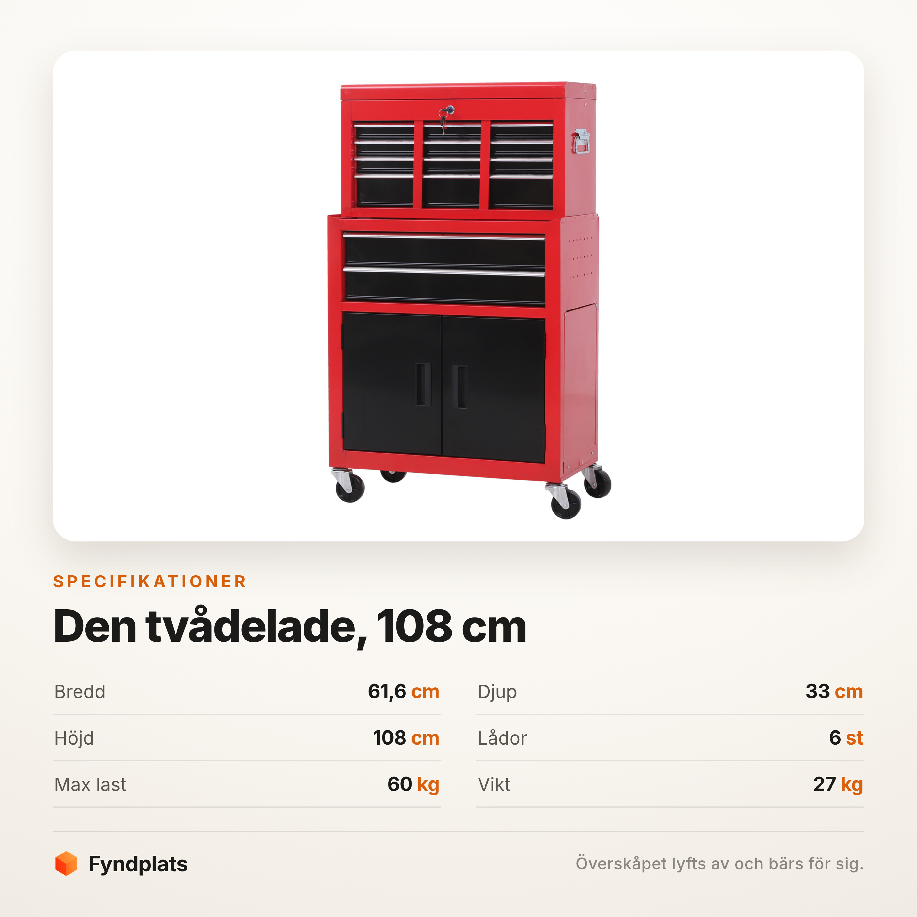 Specifikationer: 61,6 × 33 × 108 cm, sex lådor, 60 kg bärighet och 27 kg