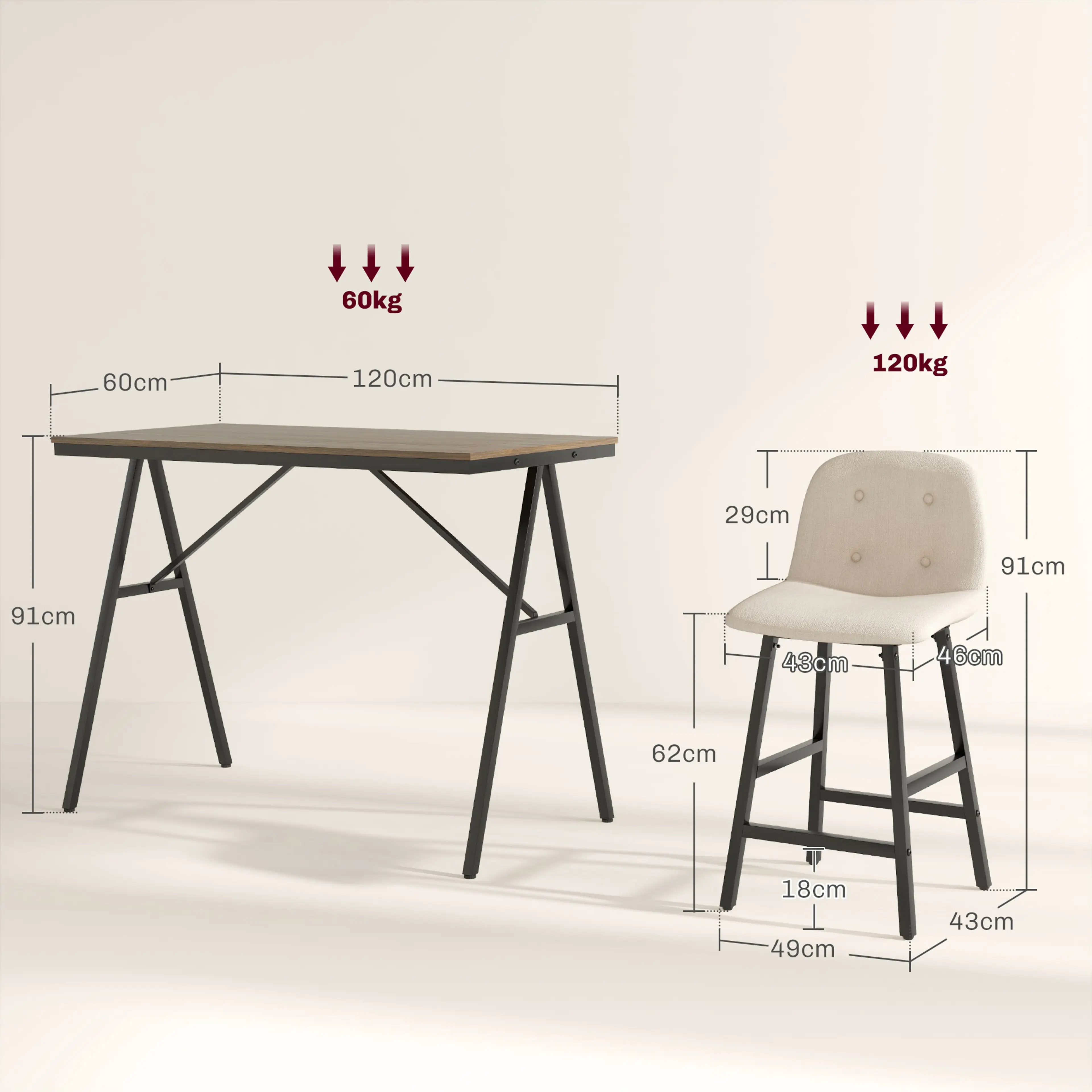 Måttbild på barbordet, 120 × 60 × 91 cm, och barstolen med sitthöjd 62 cm