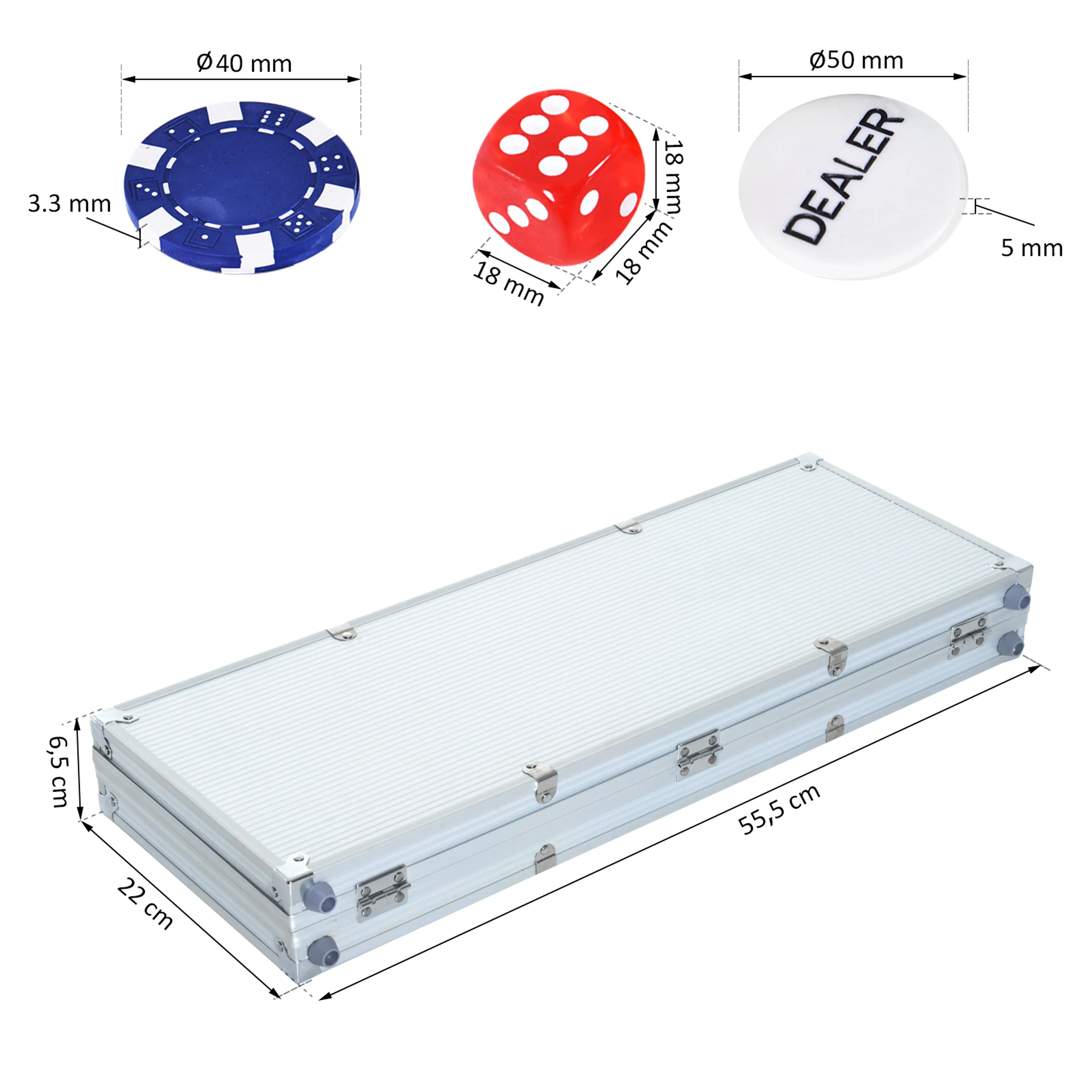 Måttbild: markerna är Ø40 × 3,3 mm, tärningarna 18 mm, dealerknappen Ø50 × 5 mm och väskan 55,5 × 22 × 6,5 cm