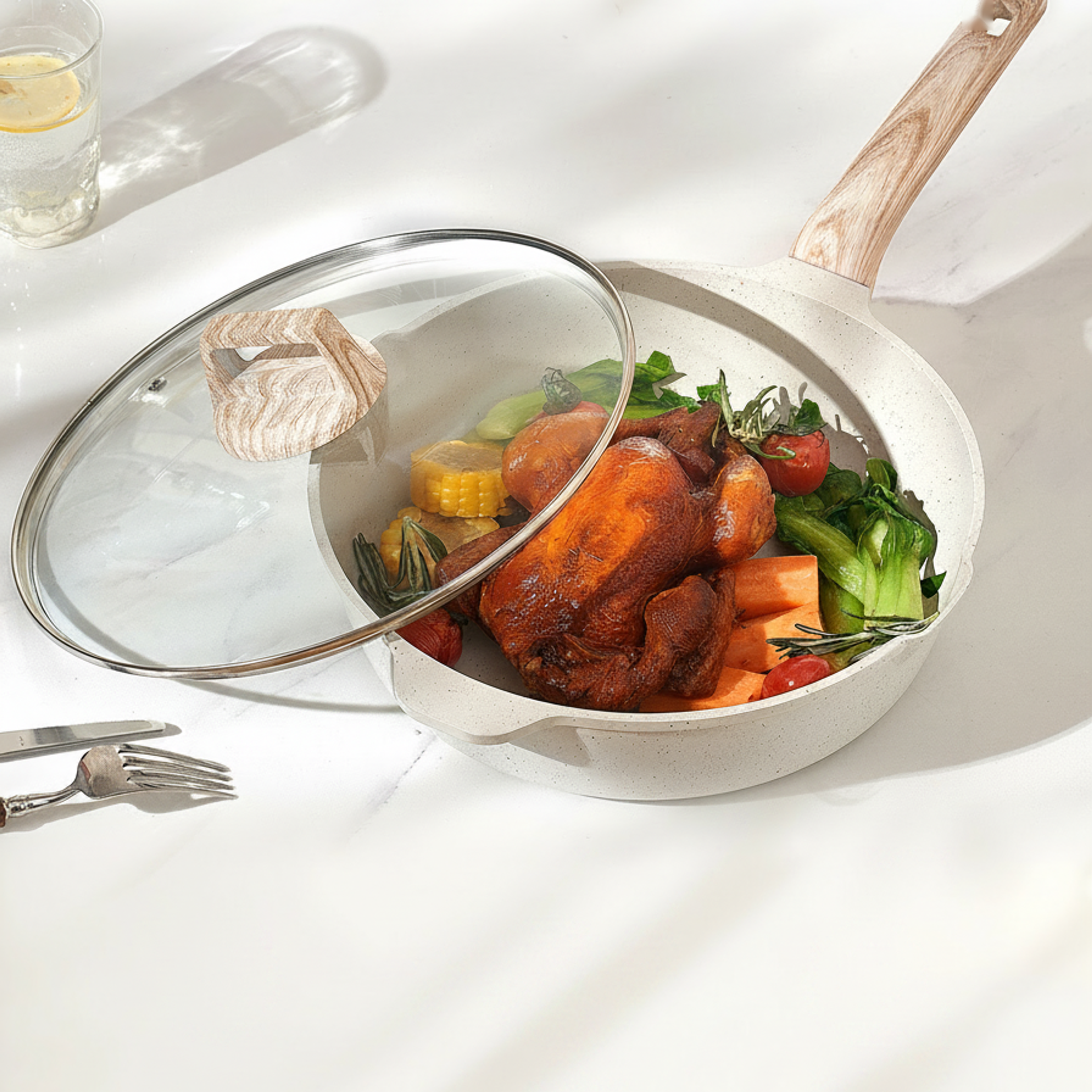Sautépanna med glaslock fylld med kyckling och grönsaker