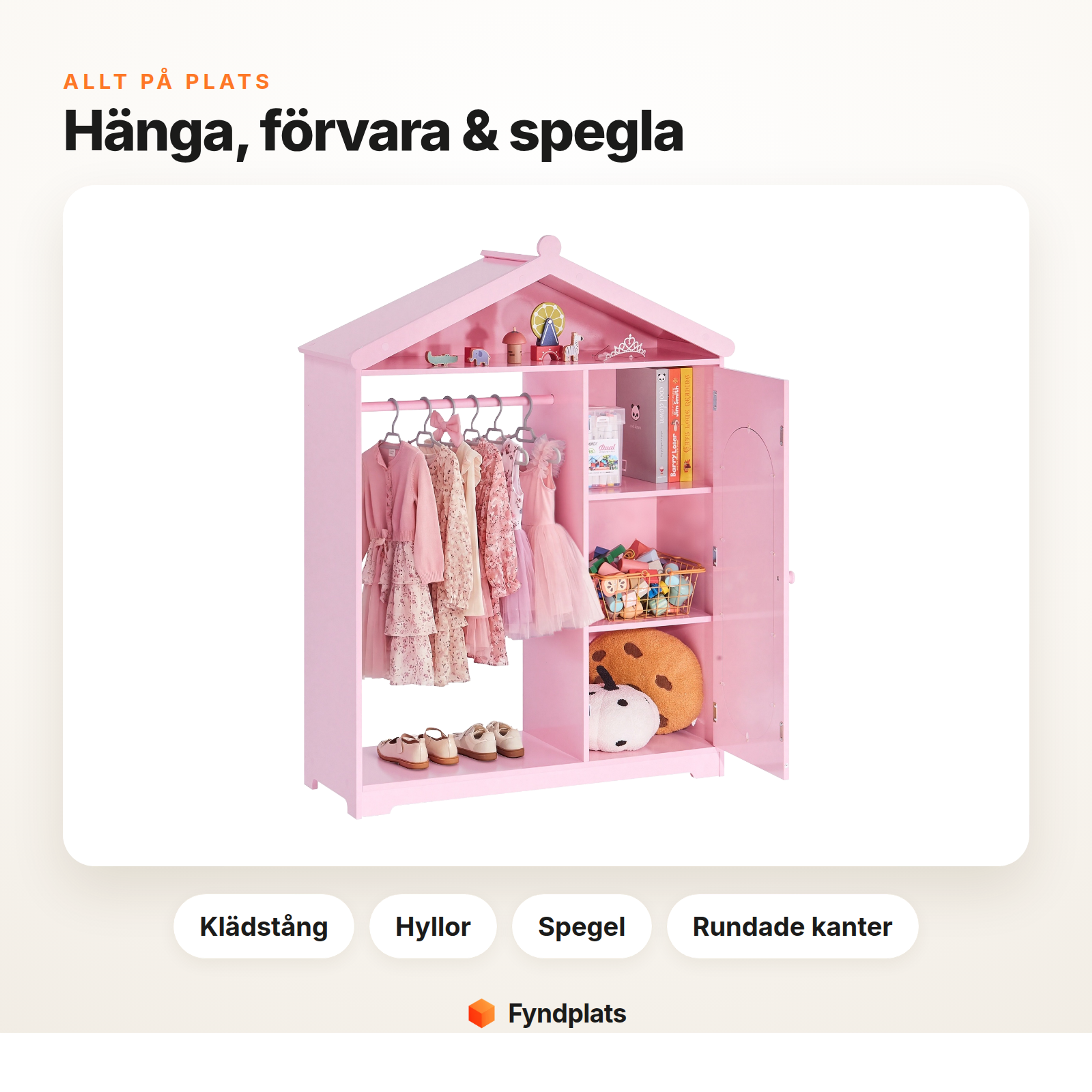 Barngarderob med klädstång, hyllor, spegel och rundade kanter