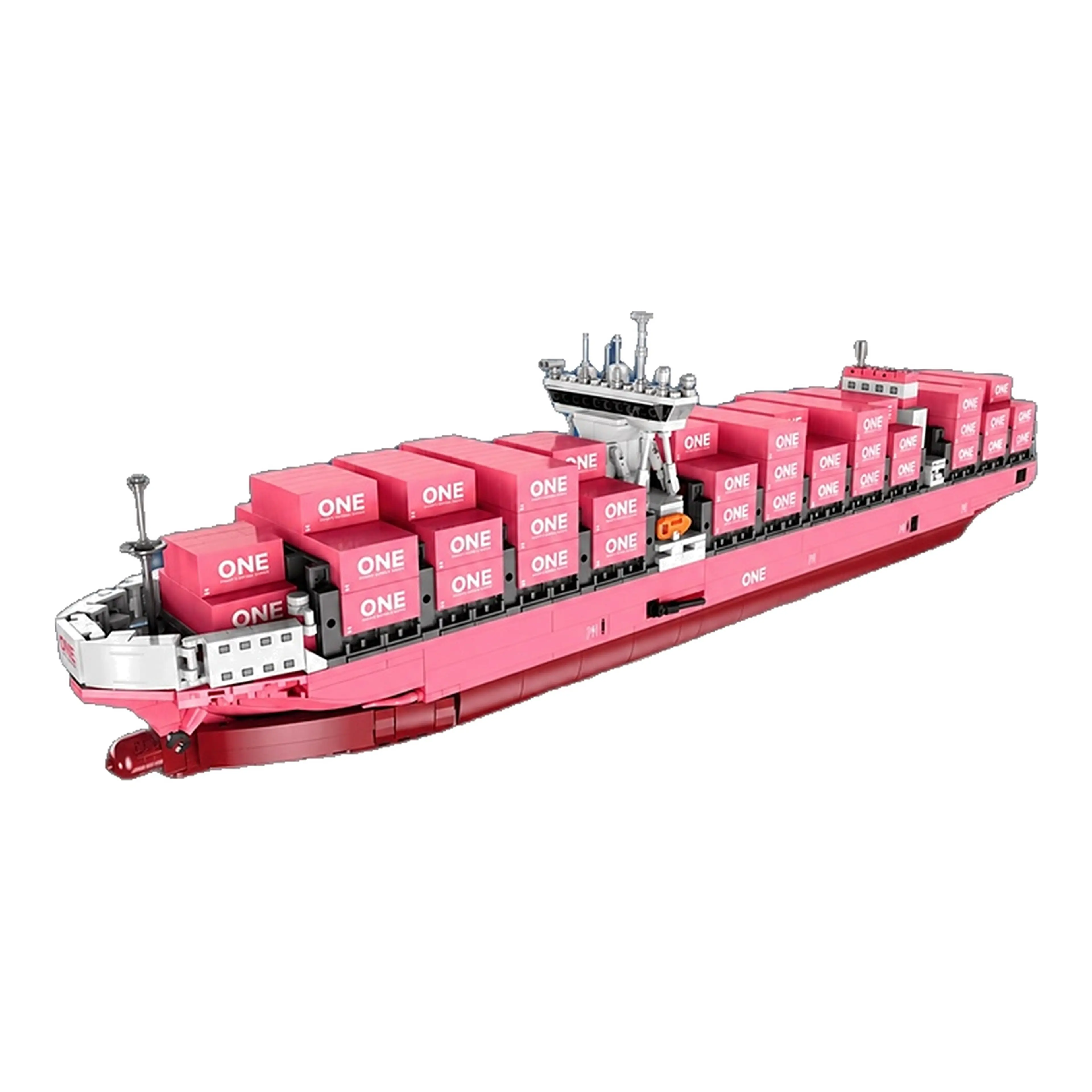 Containerfartyg byggsats i klossar – rosa skrov fullastat med containrar på grått displayställ, mot vit bakgrund