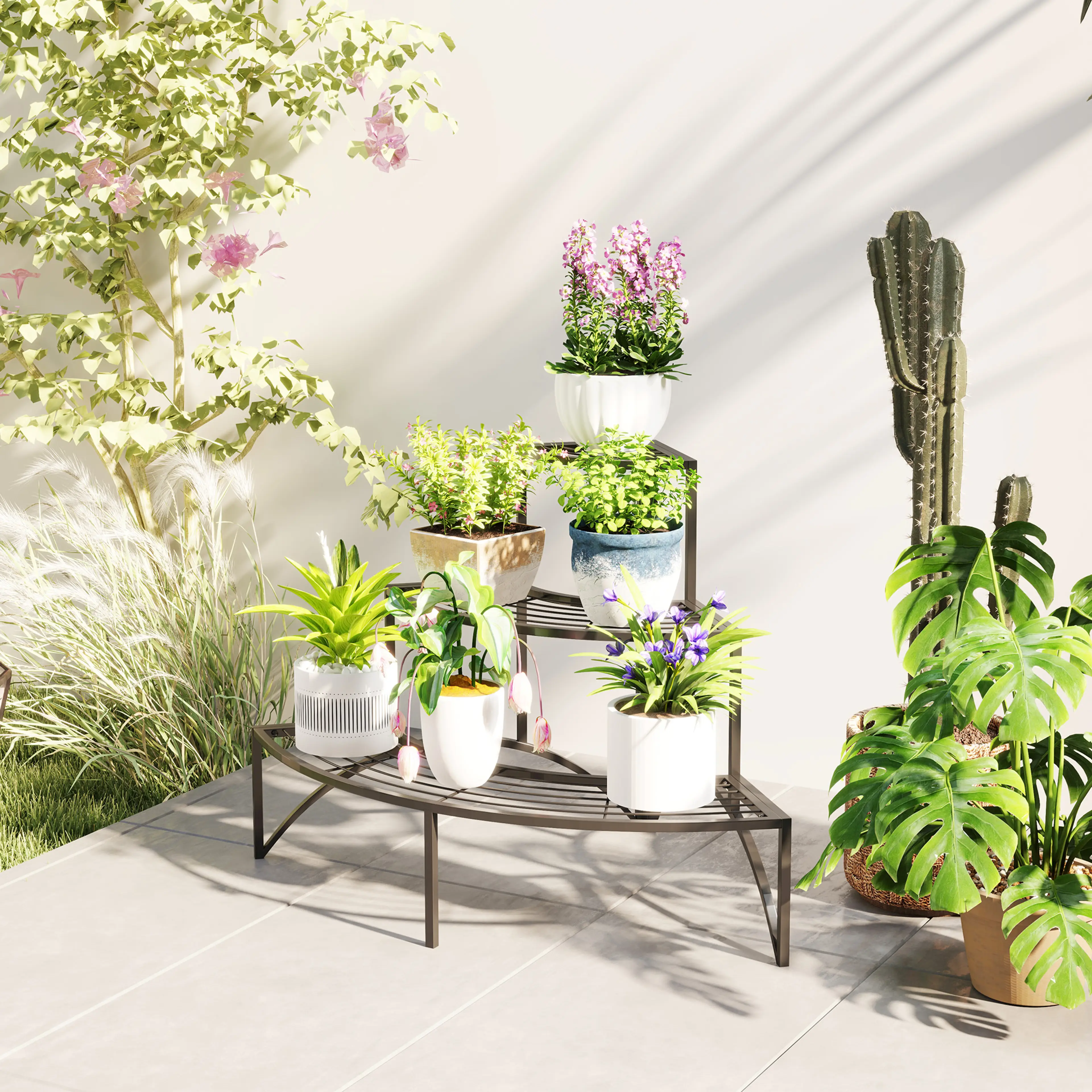 Blomstället i ett soligt hörn med blommor och en kaktus bredvid