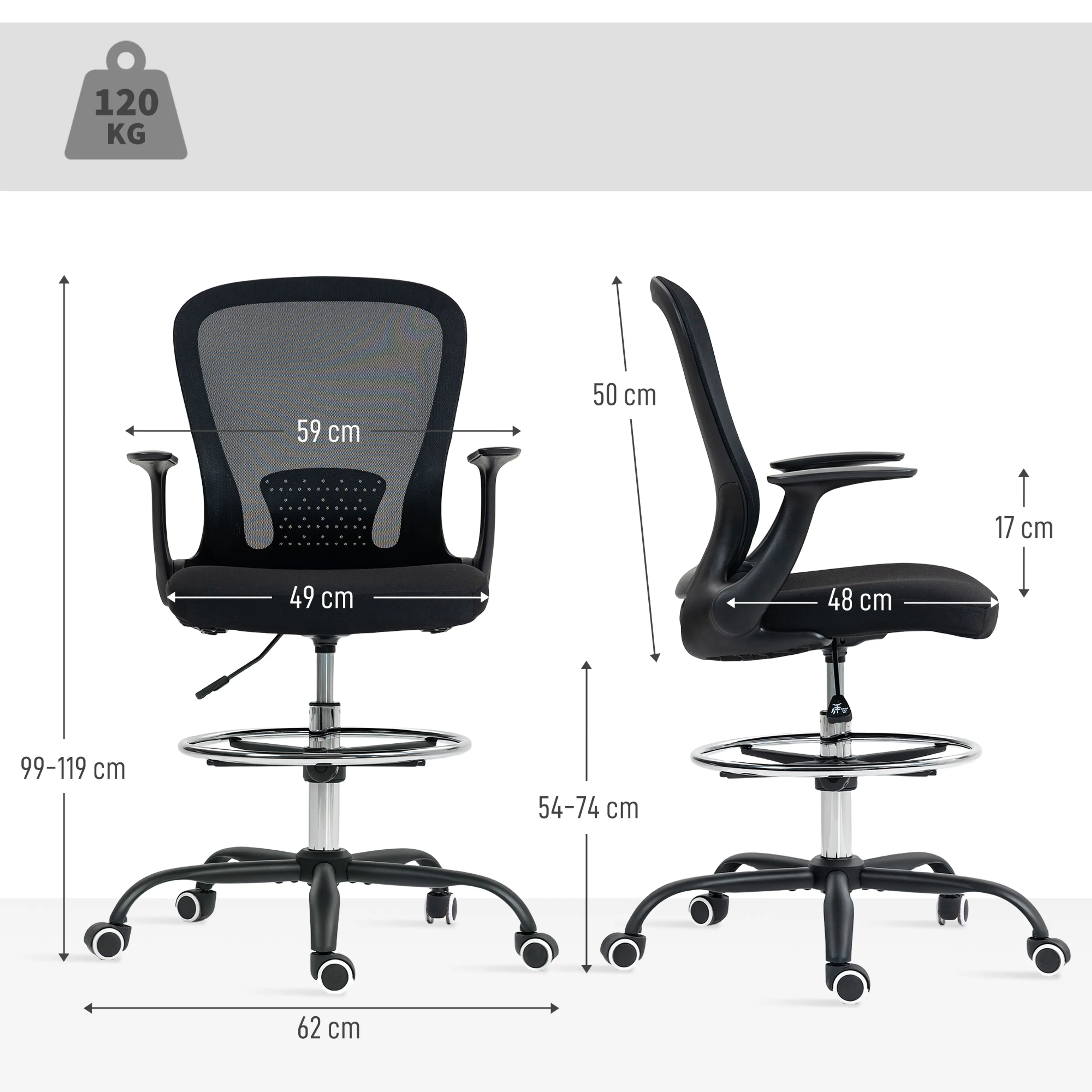 Måttritning med bredd 59 cm, djup 62 cm, höjd 99–119 cm och sitthöjd 54–74 cm