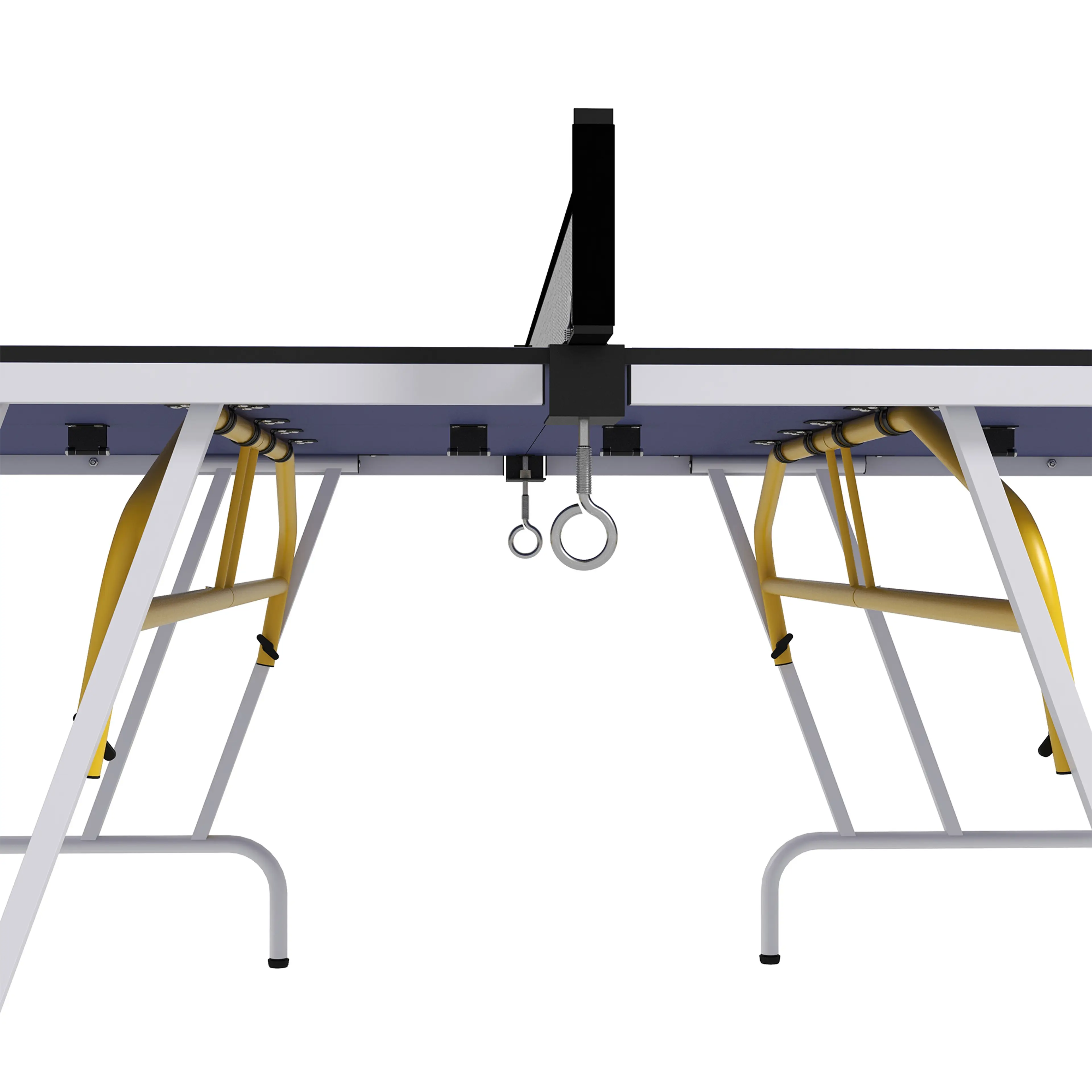 Undersidan av bordet med nätstolpen och de fällbara benen