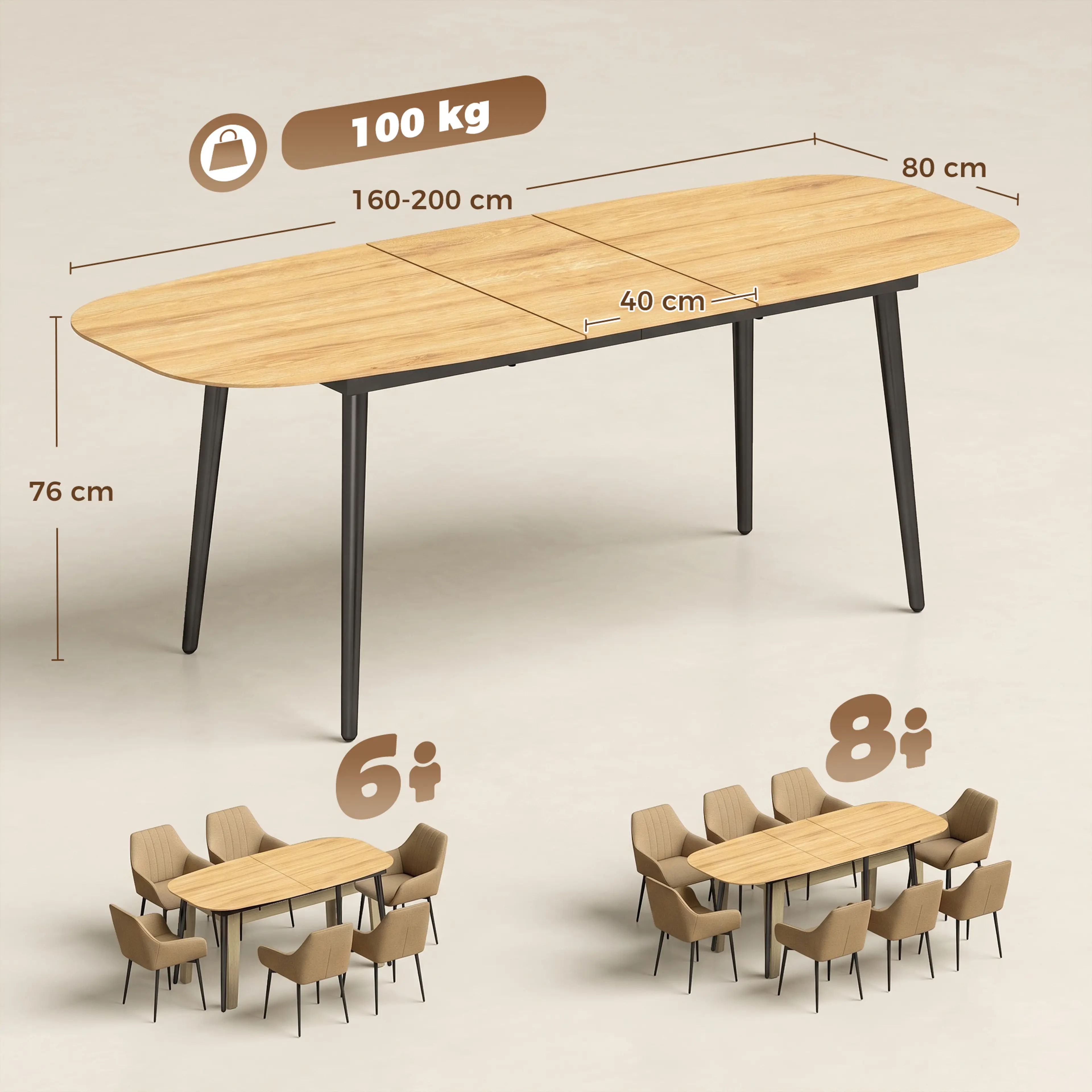 Måttbild: bordet är 160–200 × 80 cm och 76 cm högt, med en iläggsskiva på 40 cm och plats för sex eller åtta
