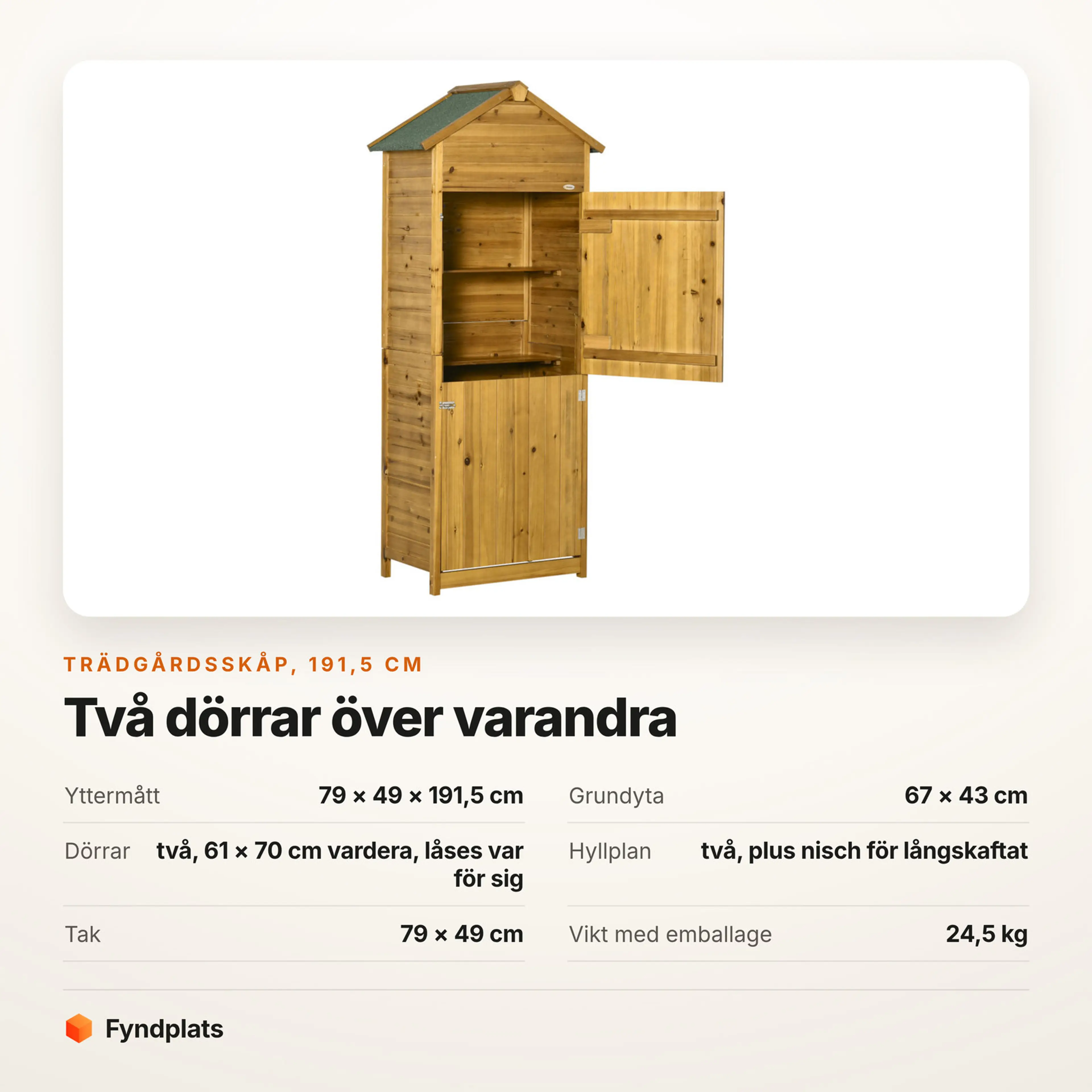 Faktakort: trädgårdsskåp 191,5 cm, mått, grundyta, dörrar och hyllplan
