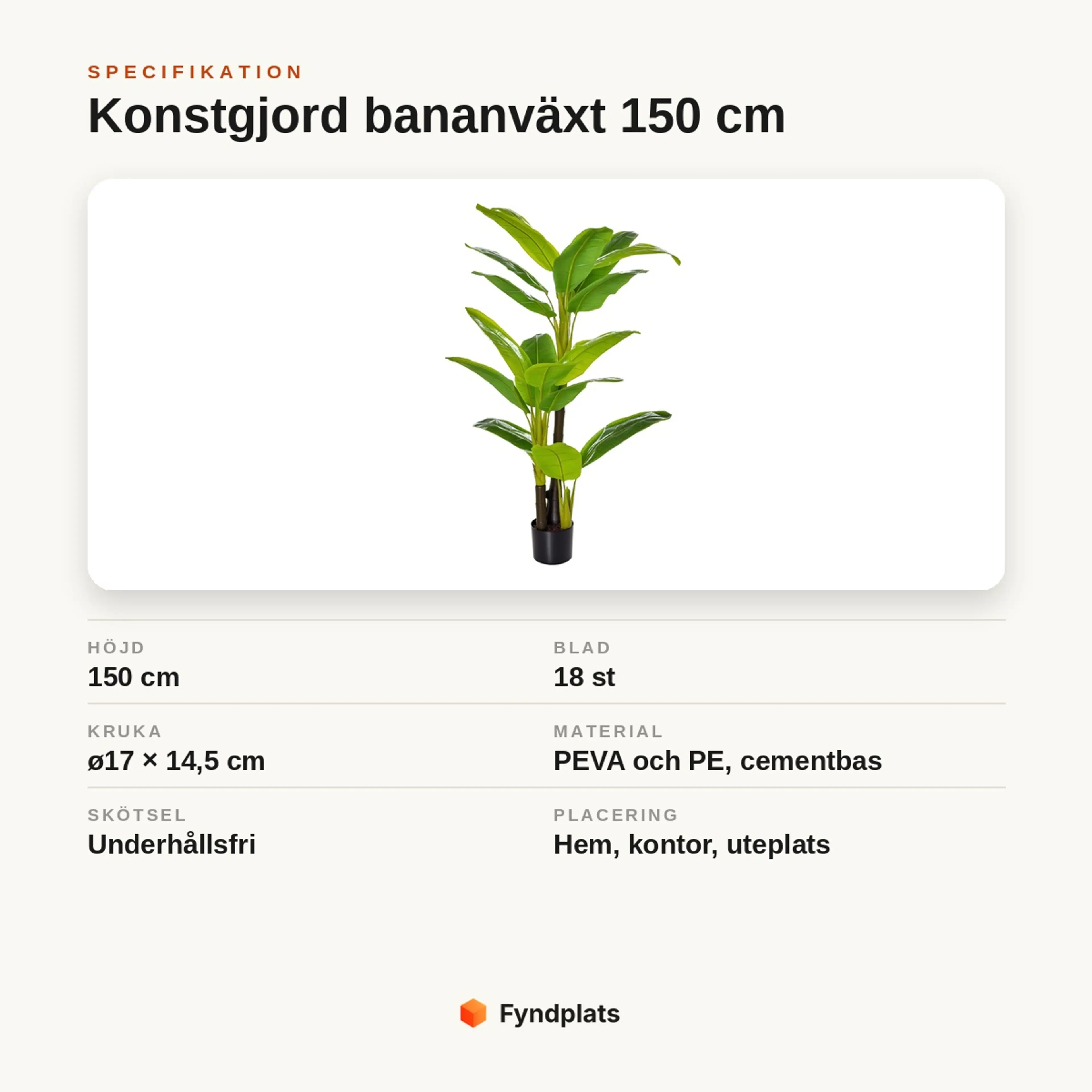 Specifikationskort: konstgjord bananväxt 150 cm med 18 blad, kruka ø17 × 14,5 cm, underhållsfri