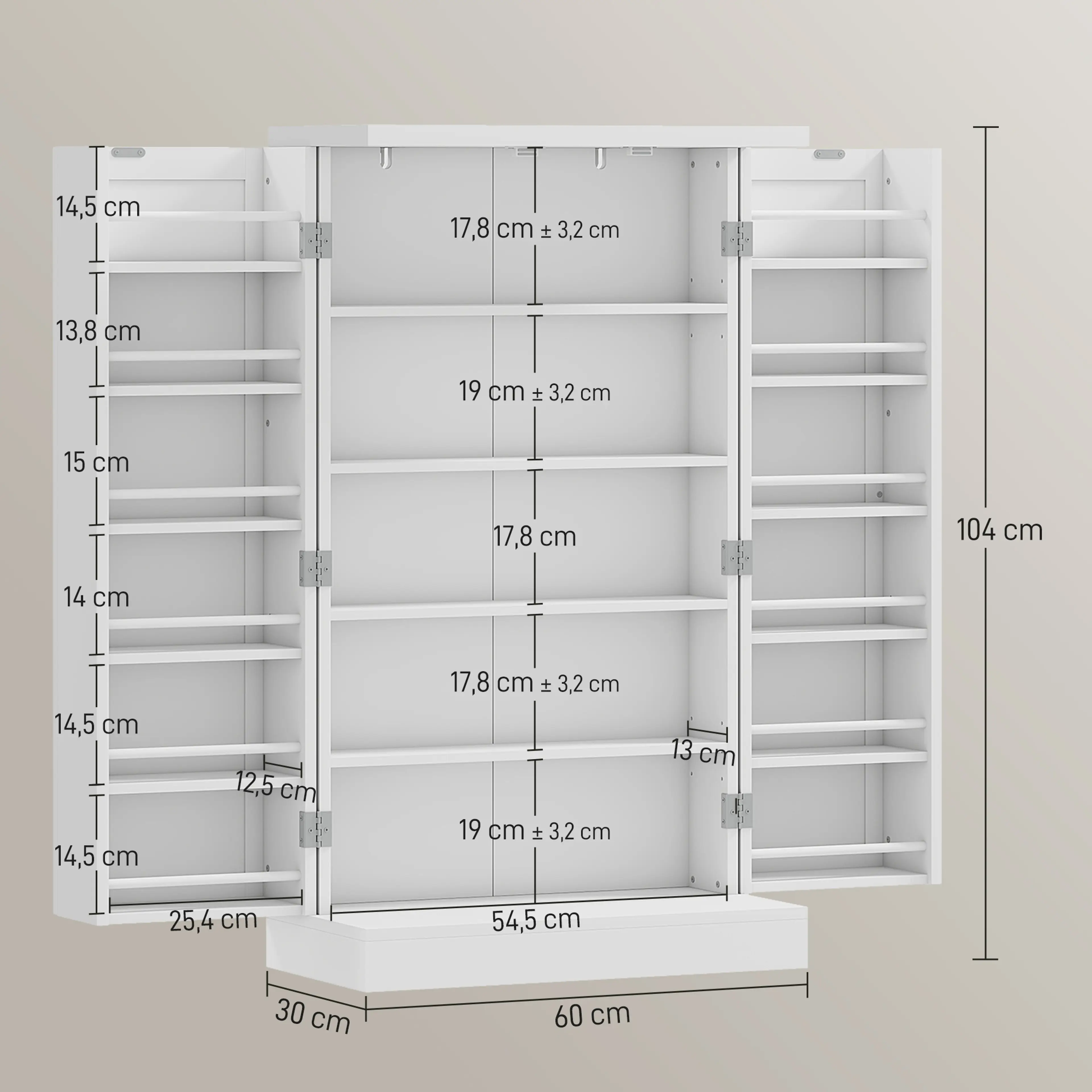 Skafferiskåpets mått: 60 cm brett, 30 cm djupt och 104 cm högt
