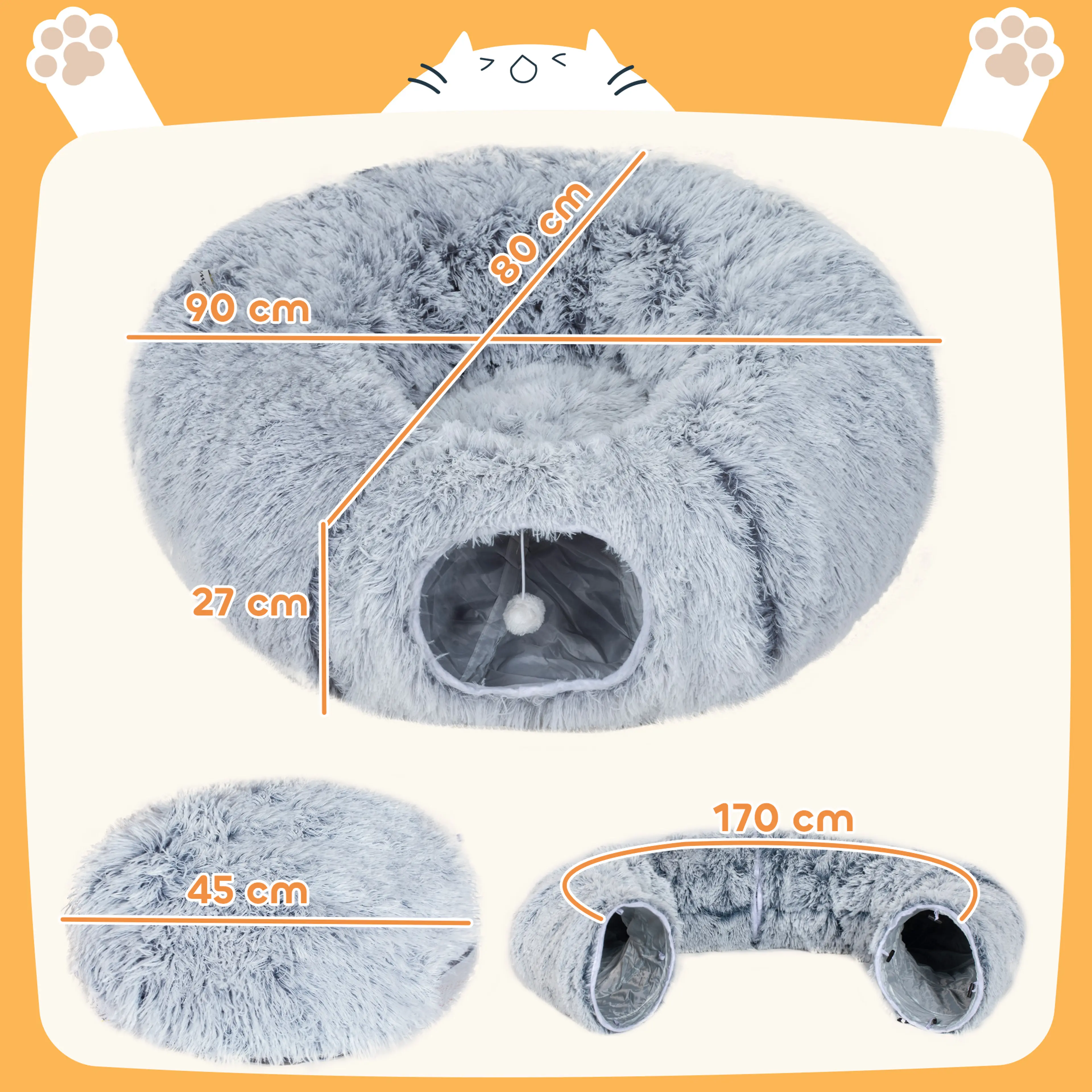 Måttskiss över kattunneln med 90 × 80 cm i ringform, 27 cm höjd och 170 cm utsträckt längd