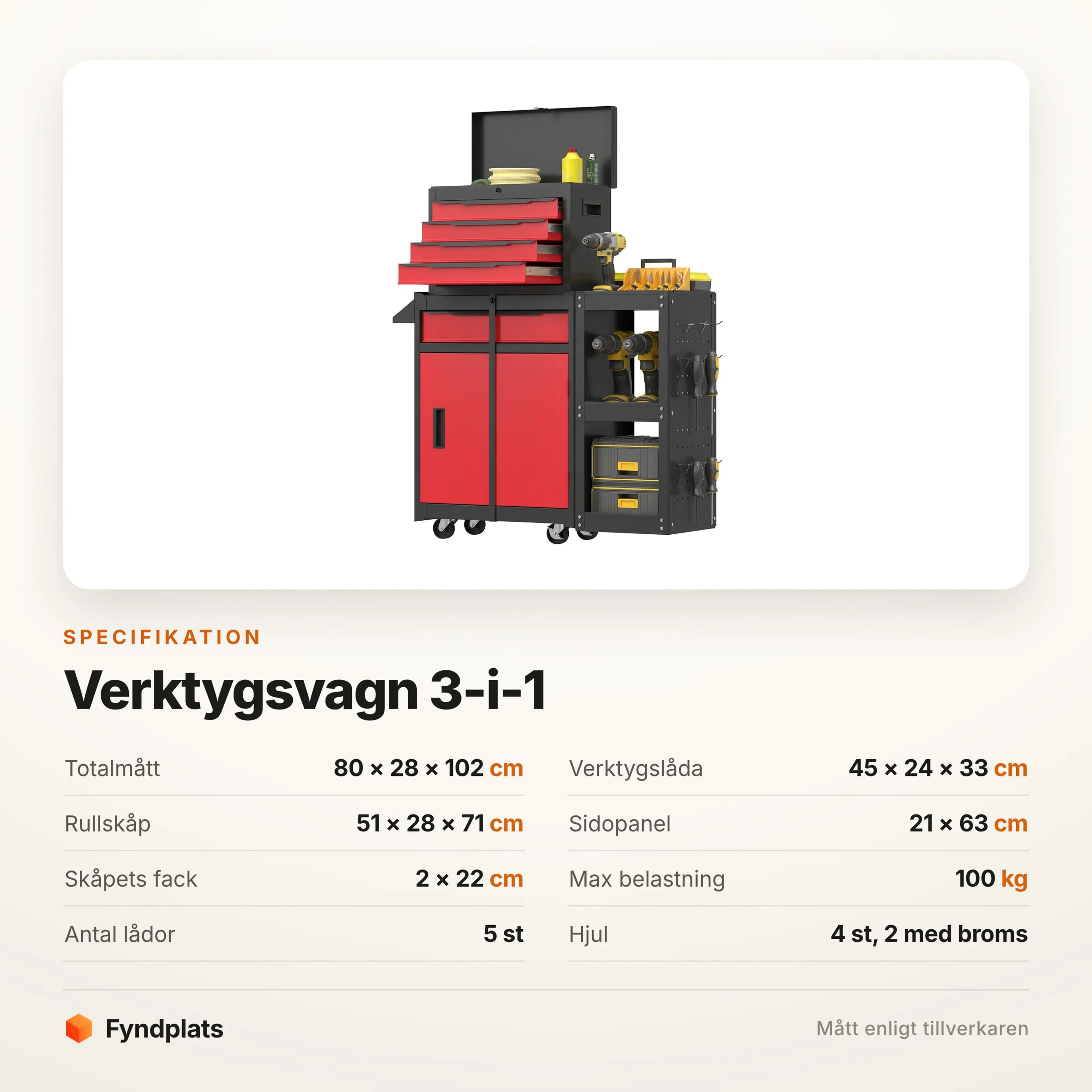 Specifikation för verktygsvagn 3-i-1: 80 × 28 × 102 cm och 100 kg last
