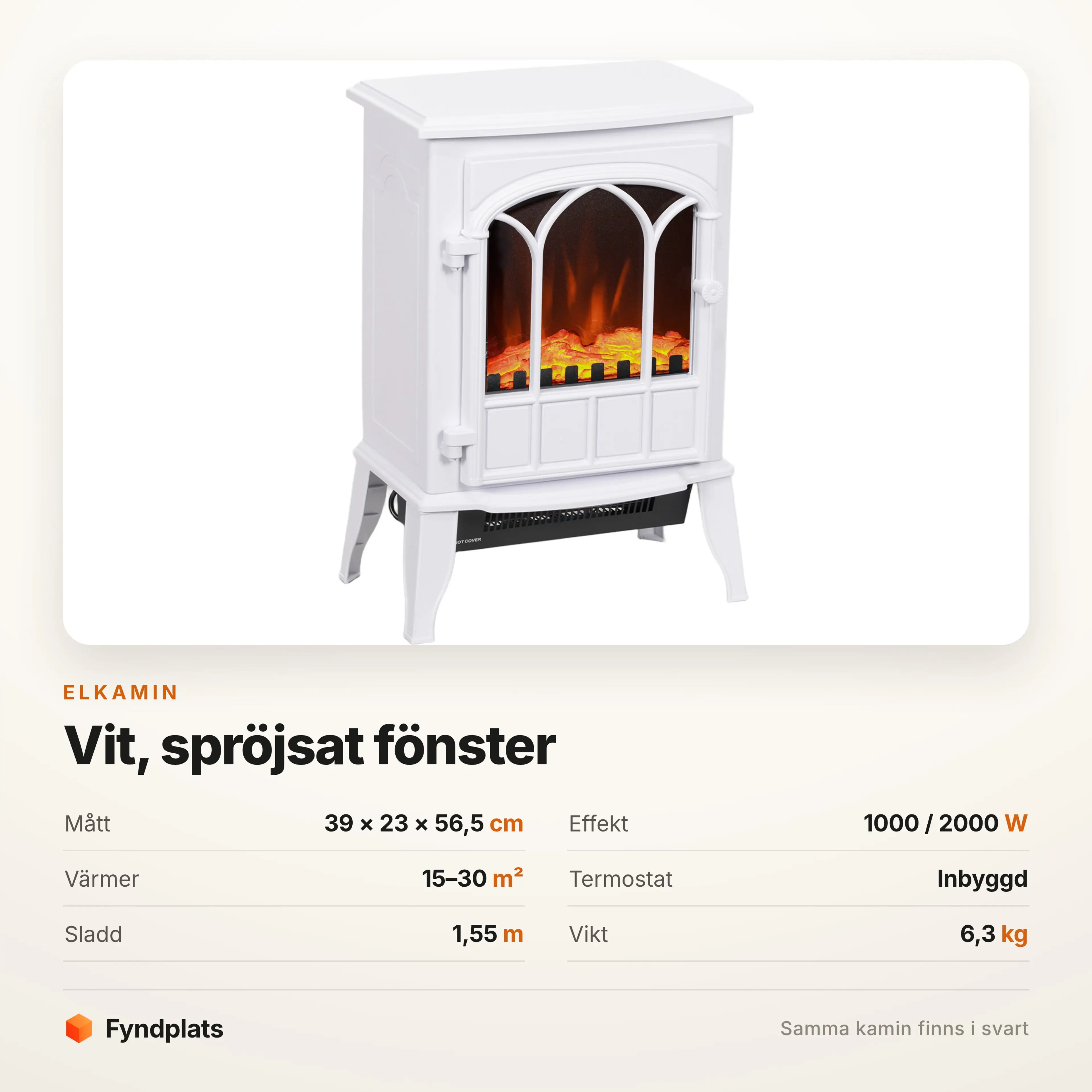 Specifikation: 39 × 23 × 56,5 cm, termostat, 2000 W